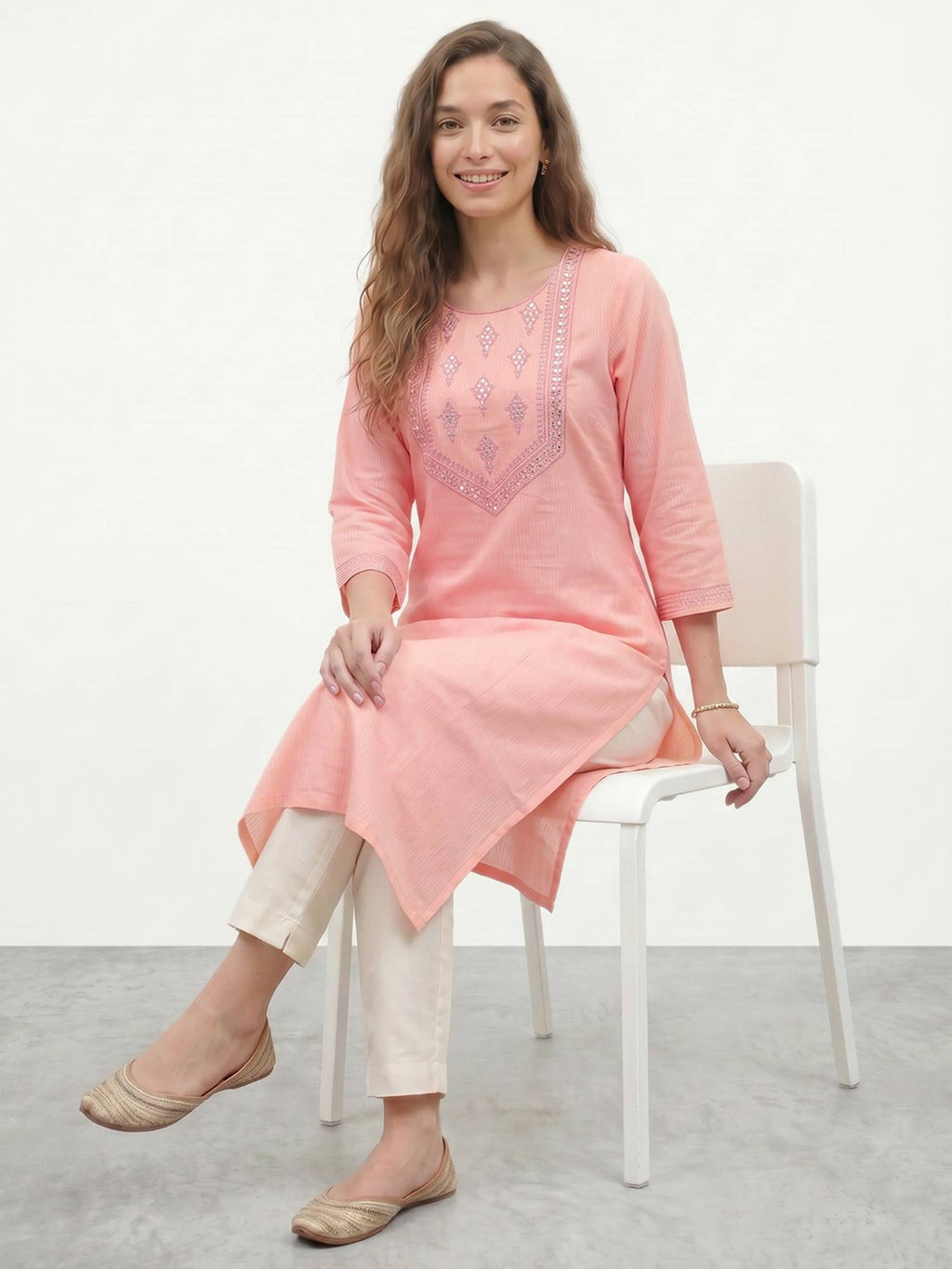 Peach Embroidered Straight Kurta | KDG - view 4