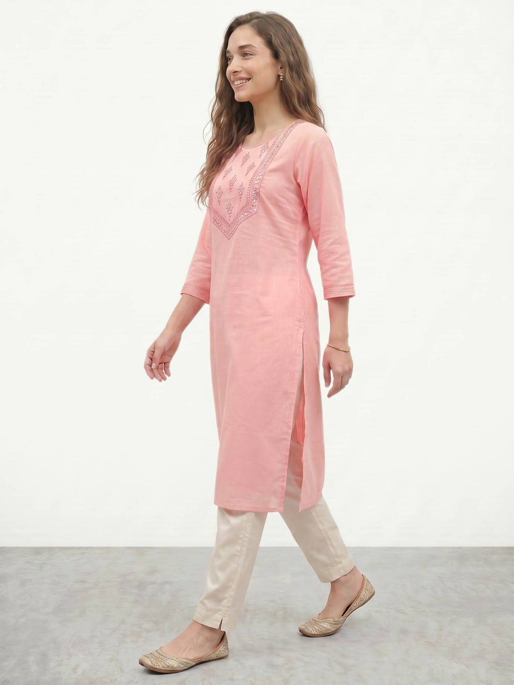 Peach Embroidered Straight Kurta | KDG - view 5