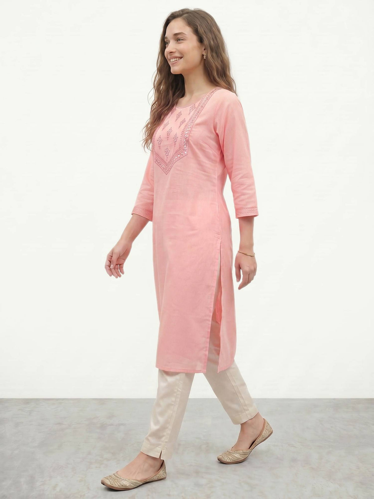 Peach Embroidered Straight Kurta | KDG - view 5