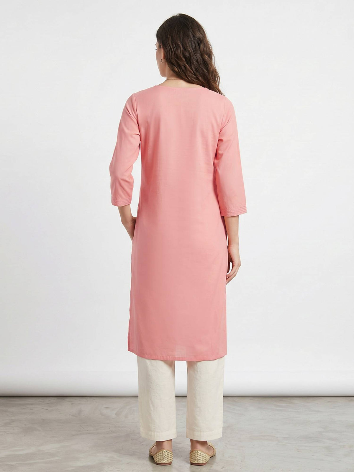 Peach Bandhani Printed Round Neck Straight Kurta | FY93 - view 2