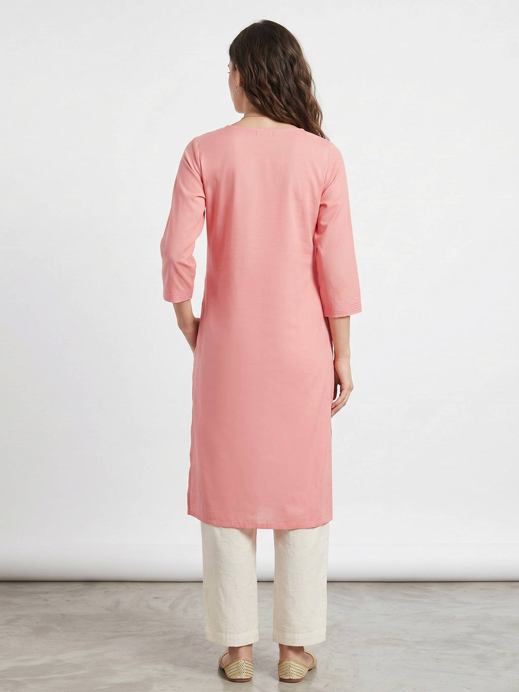 Peach Bandhani Printed Round Neck Straight Kurta | U3S - view 2