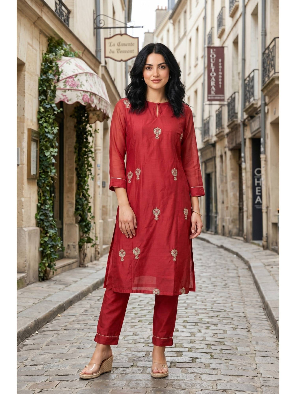 Red Embroidered Straight Chanderi Kurta | KDG - view 1