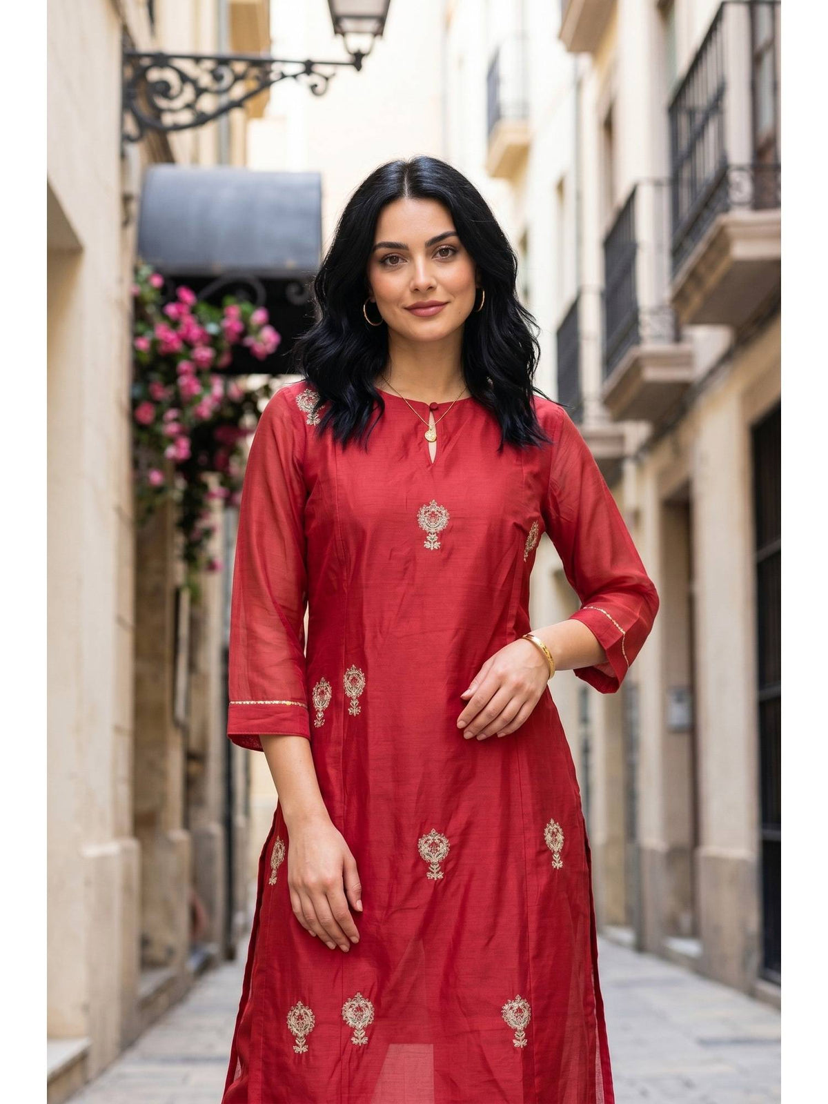 Red Embroidered Straight Chanderi Kurta | KDG - view 2