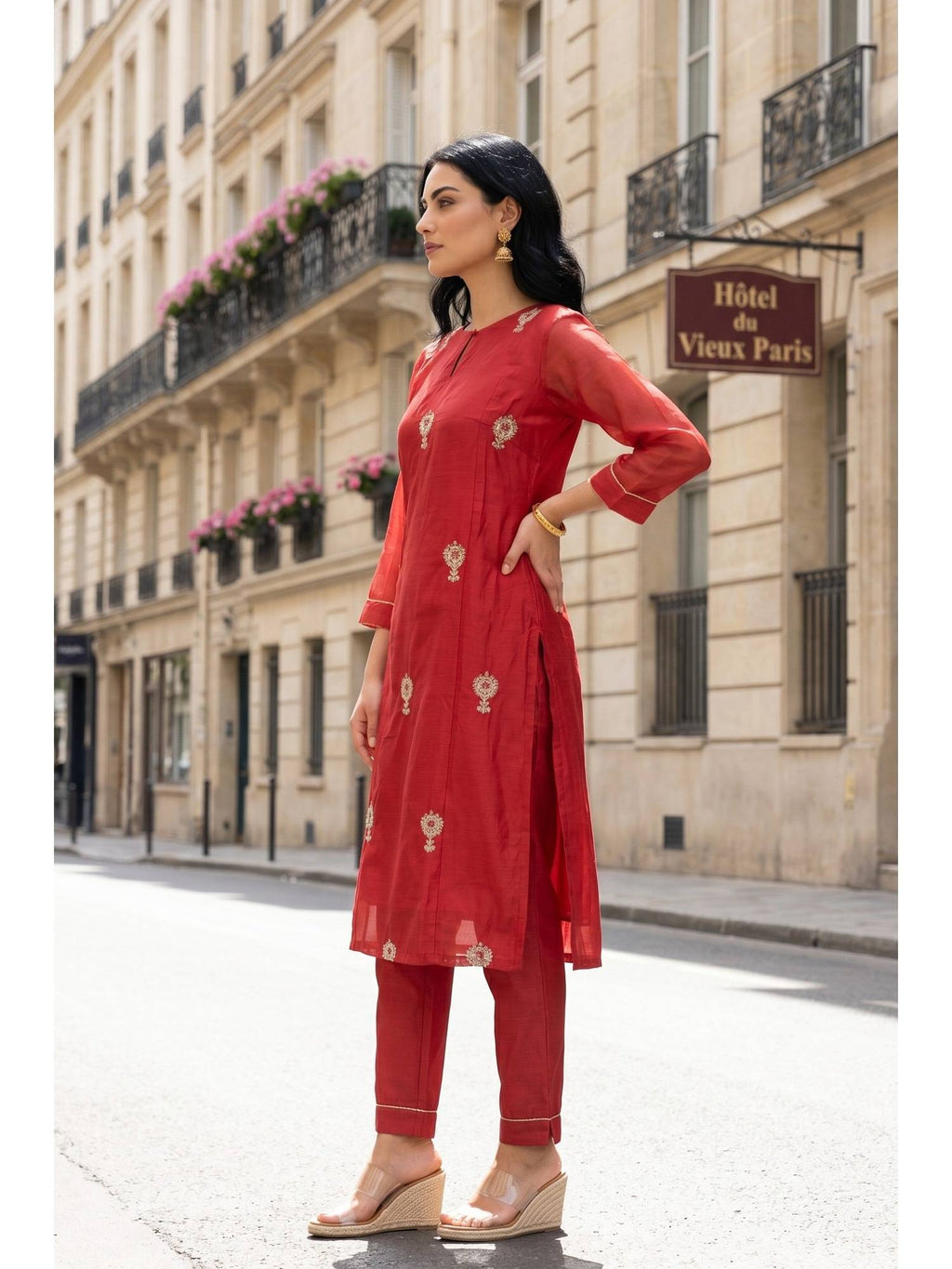 Red Embroidered Straight Chanderi Kurta | KDG - view 4