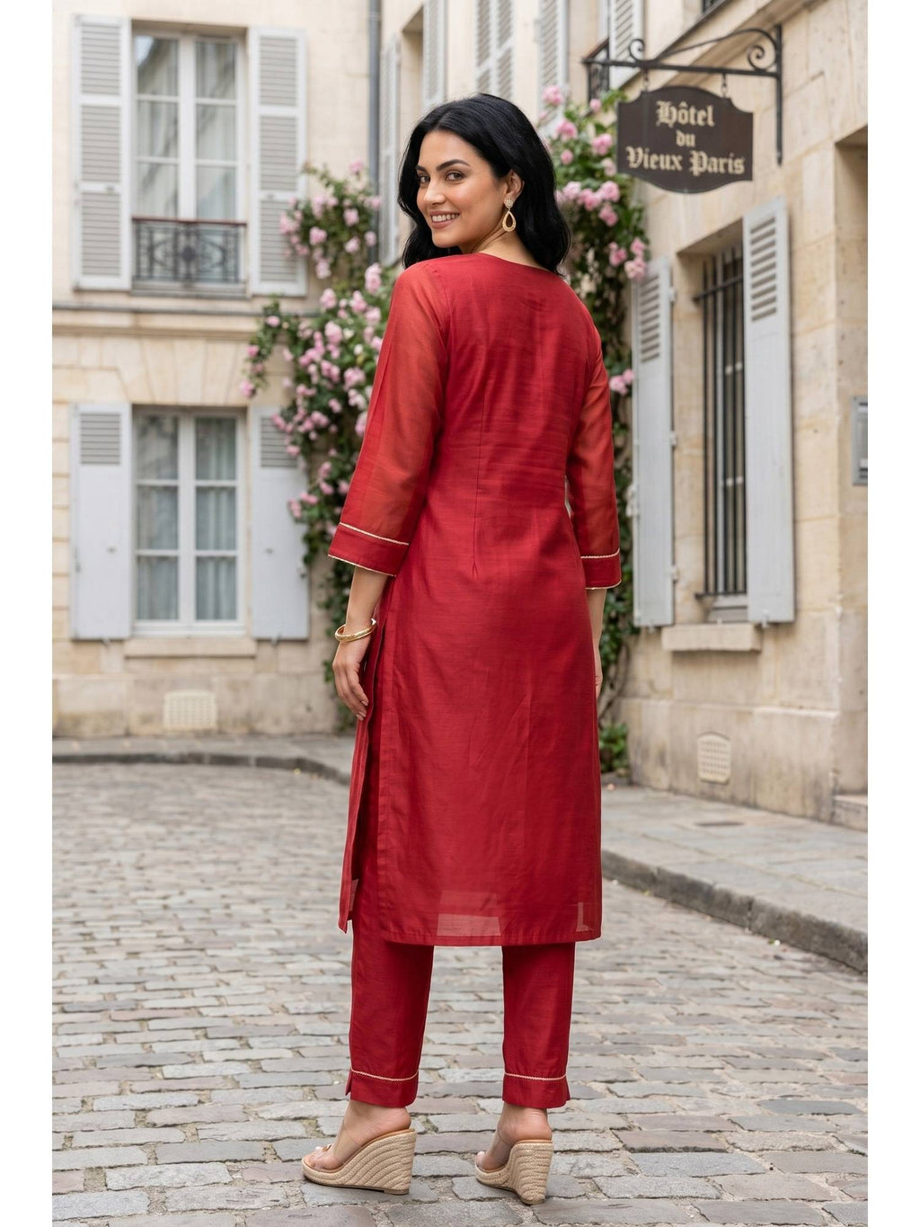 Red Embroidered Straight Chanderi Kurta | KDG - view 5