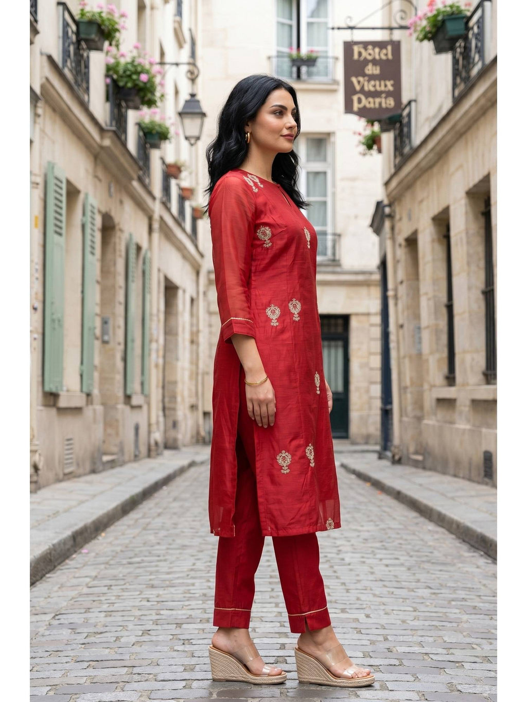 Red Embroidered Straight Chanderi Kurta | KDG - view 6