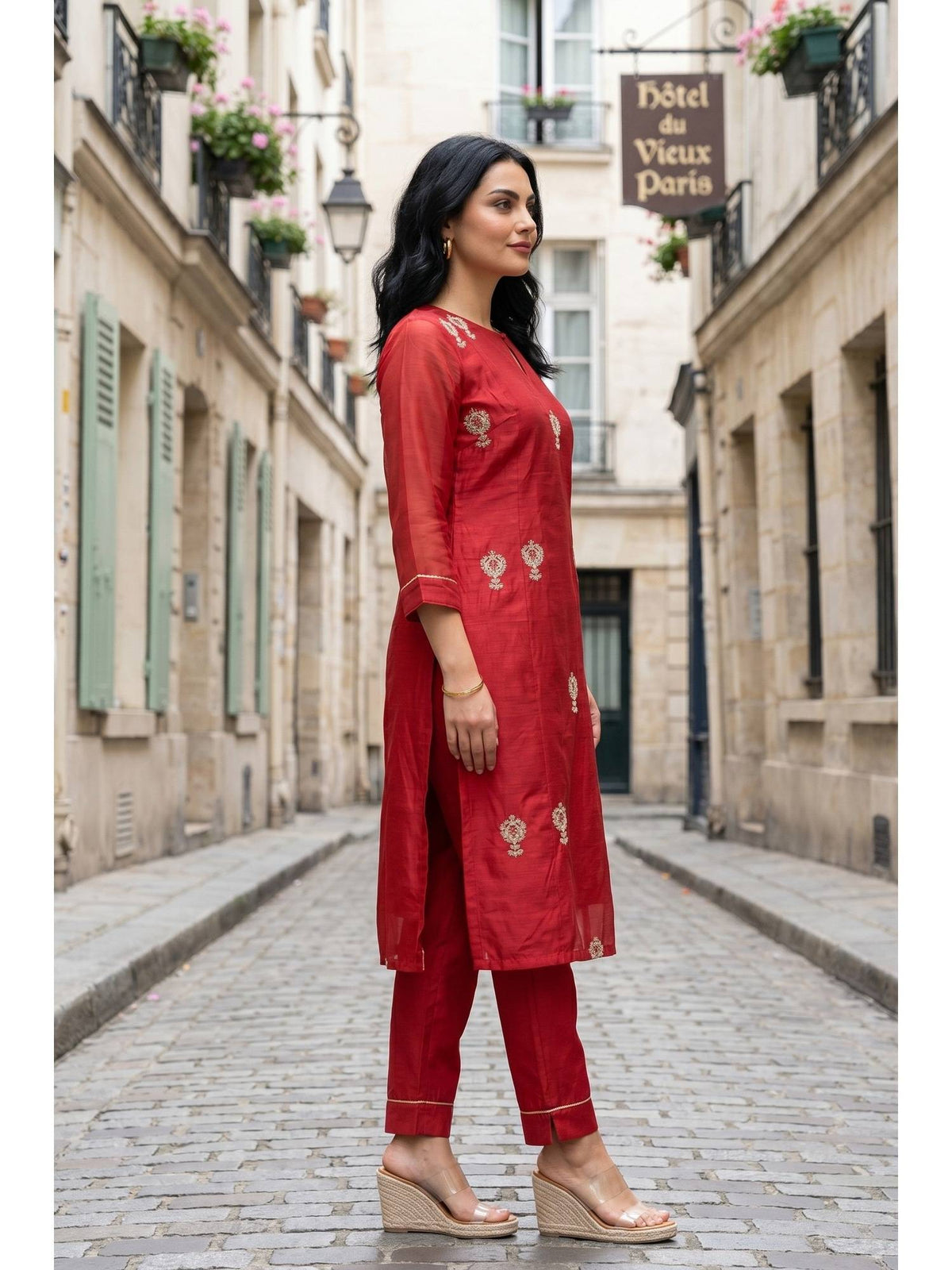 Red Embroidered Straight Chanderi Kurta | KDG - view 6