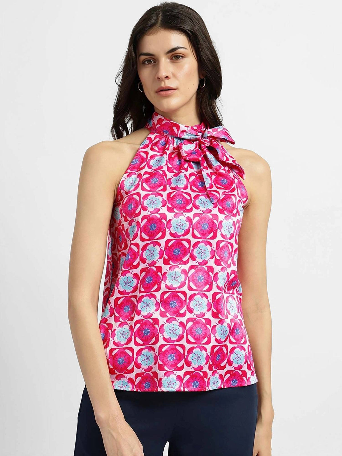 Satin Halter Neck Top - Pink And Blue | HT67 - view 1