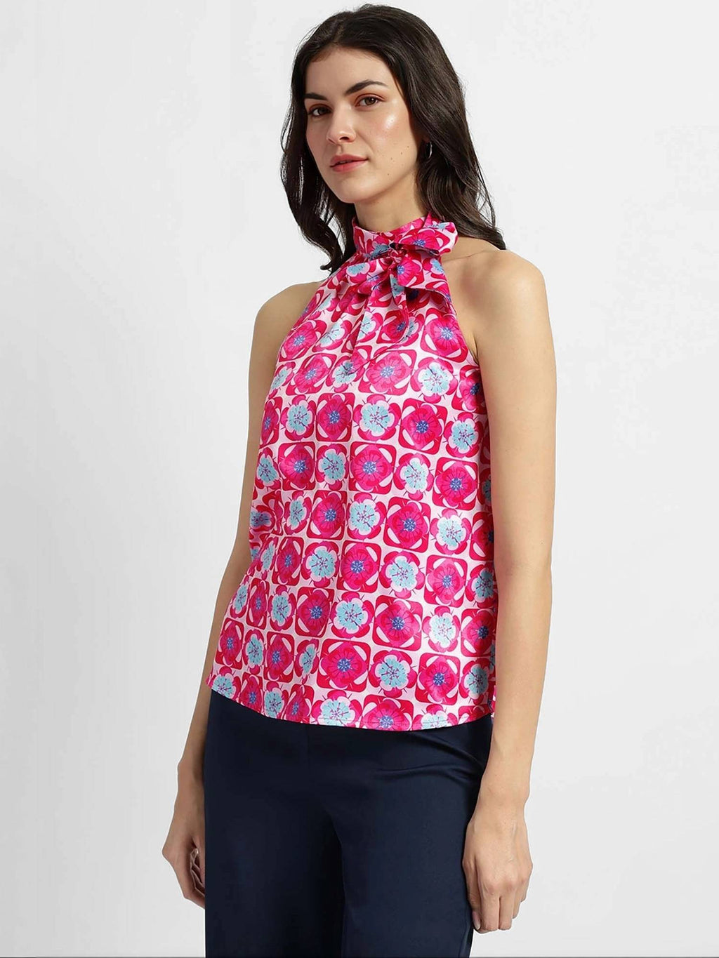 Satin Halter Neck Top - Pink And Blue | HT67 - view 2