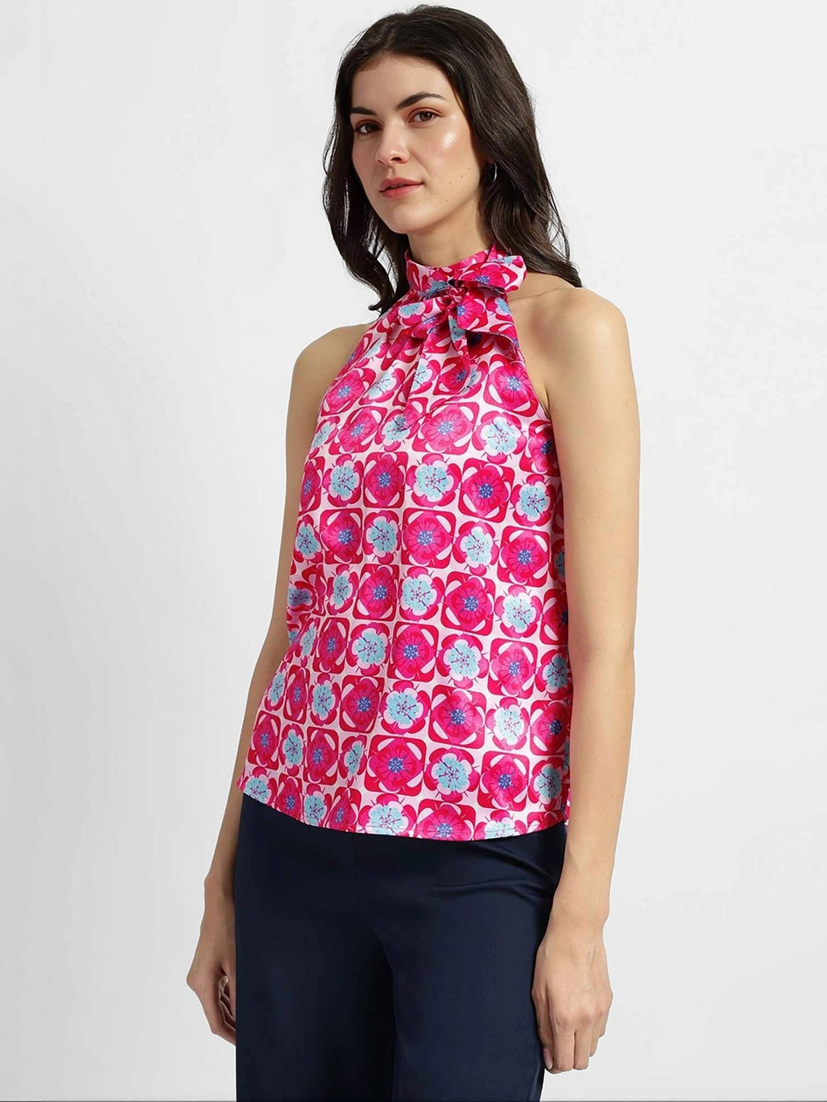 Satin Halter Neck Top - Pink And Blue | HT67 - view 2