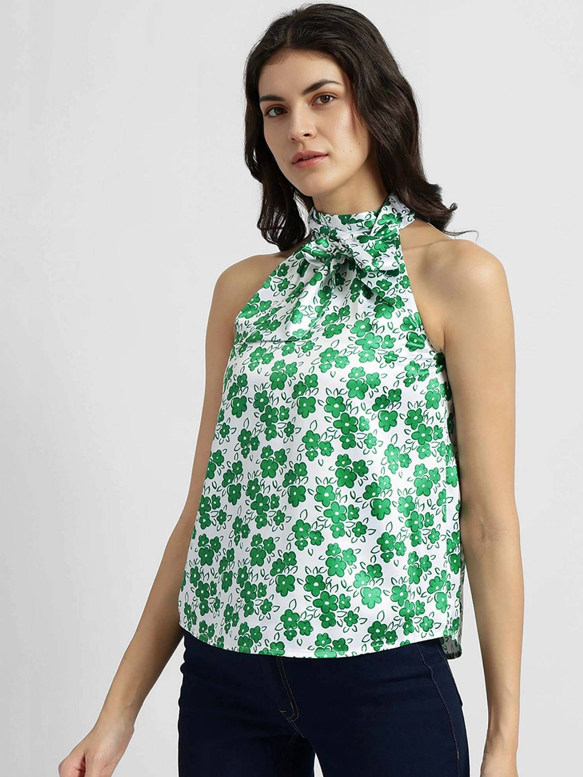 Satin Halter Neck Top - Green And White | HT67 - view 2