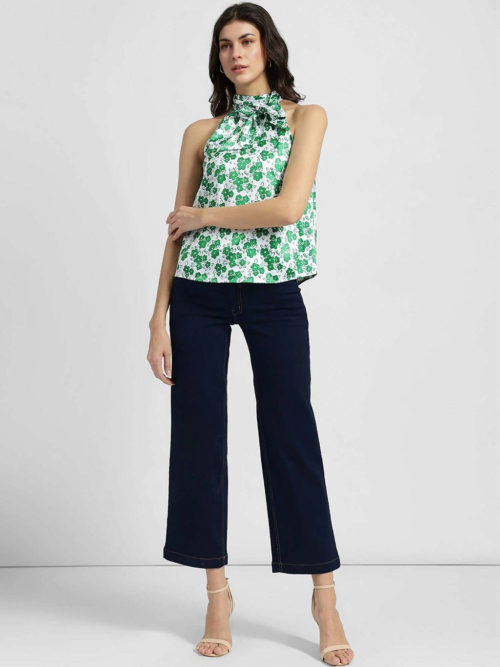 Satin Halter Neck Top - Green And White | HT67 - view 3