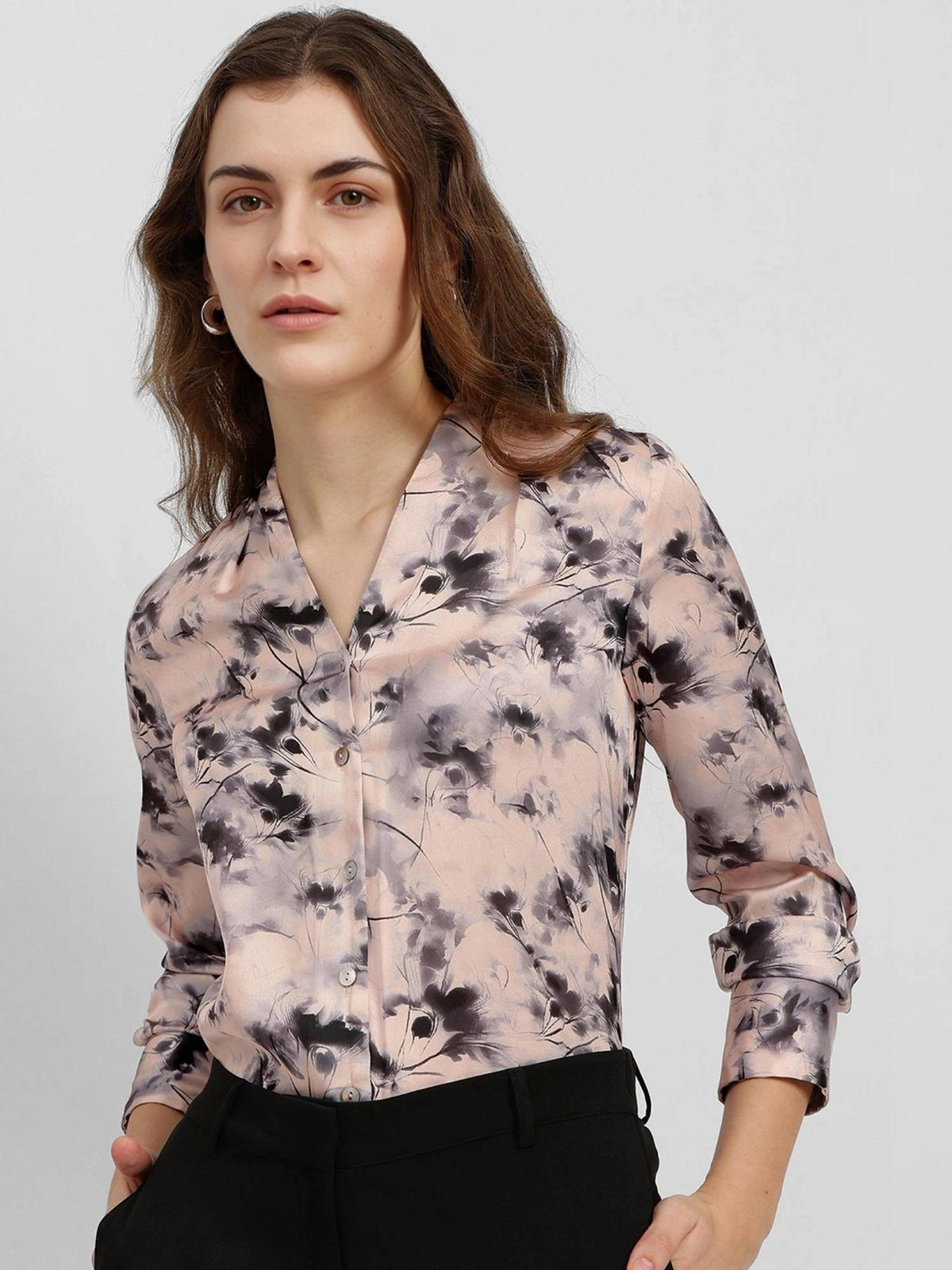 Peach Satin Pleated Floral Shirt | S67 - view 1