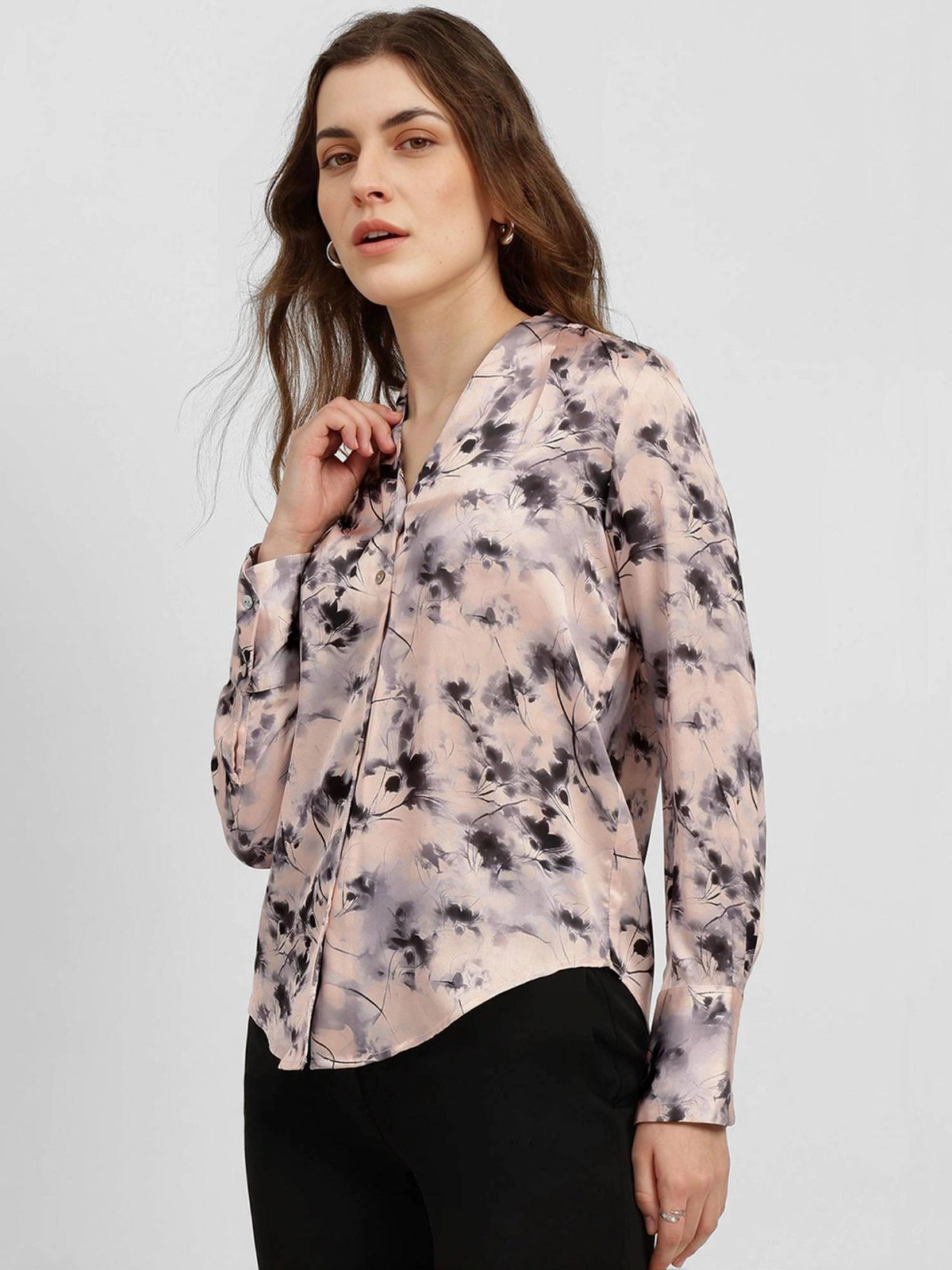 Peach Satin Pleated Floral Shirt | S67 - view 3
