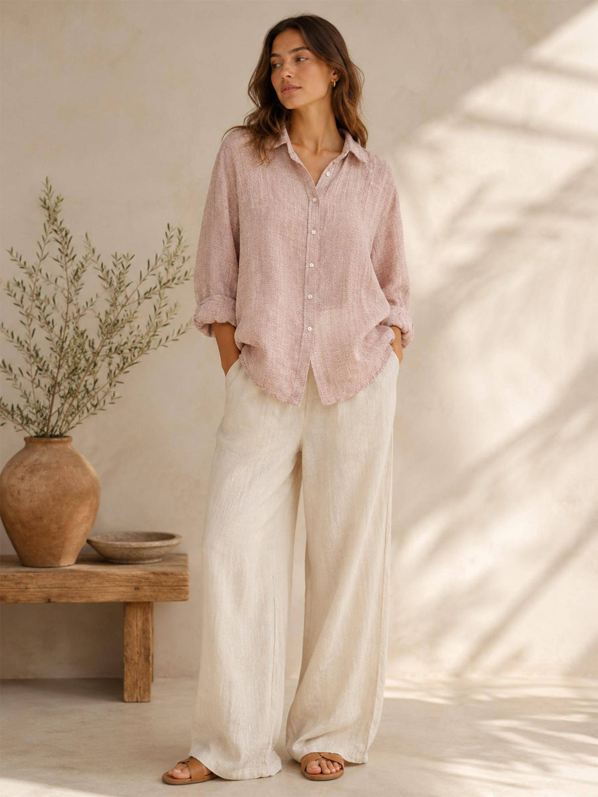 Peach Cotton Loose Weave Shirt | S67 - view 1