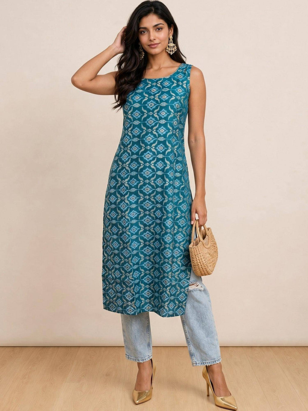 Womens Blue Cotton Blend Printed Round Neck Sleeveless Kurta | U3S - view 1