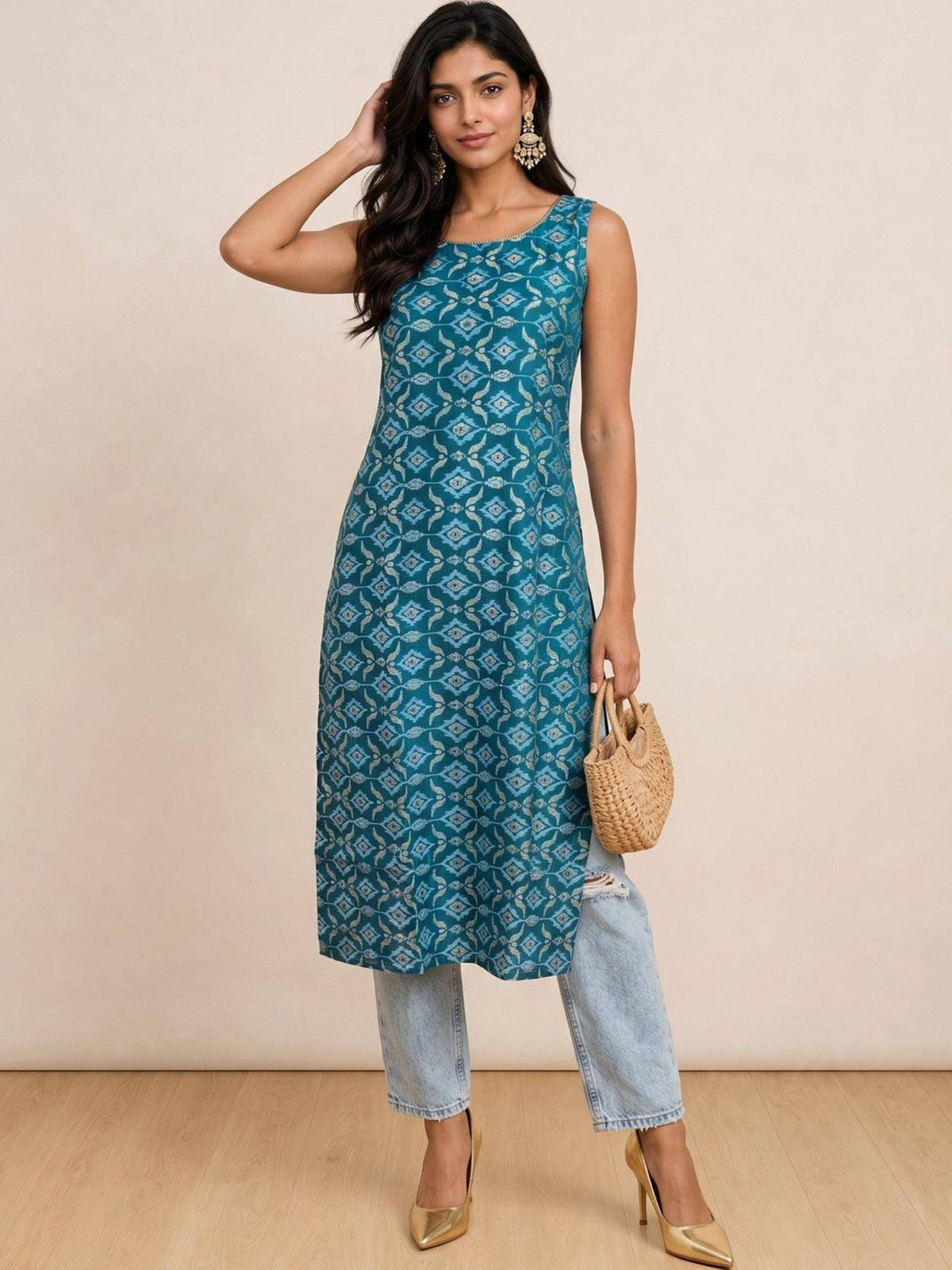 Womens Blue Cotton Blend Printed Round Neck Sleeveless Kurta | U3S - view 1