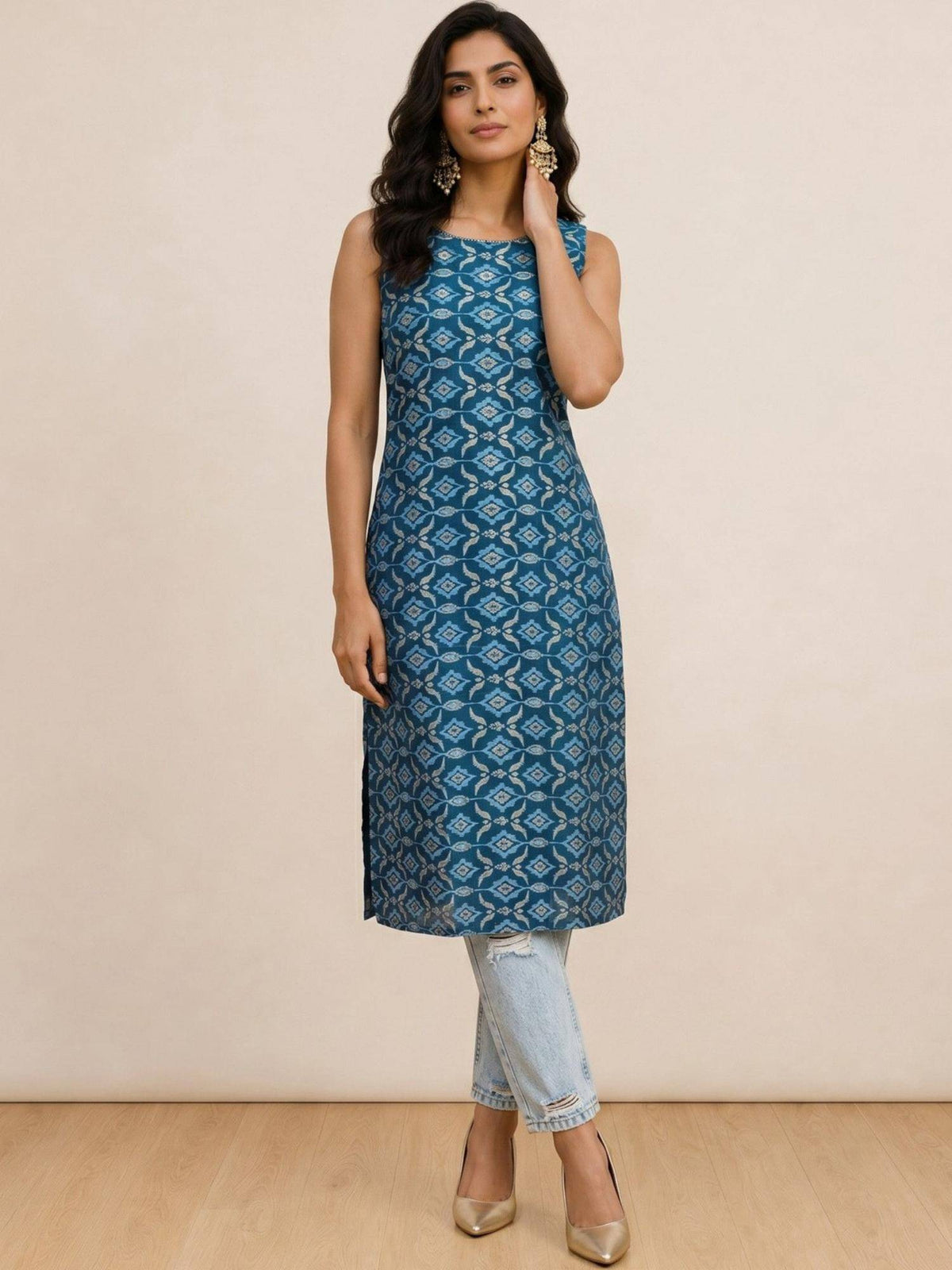 Womens Blue Cotton Blend Printed Round Neck Sleeveless Kurta | U3S - view 3