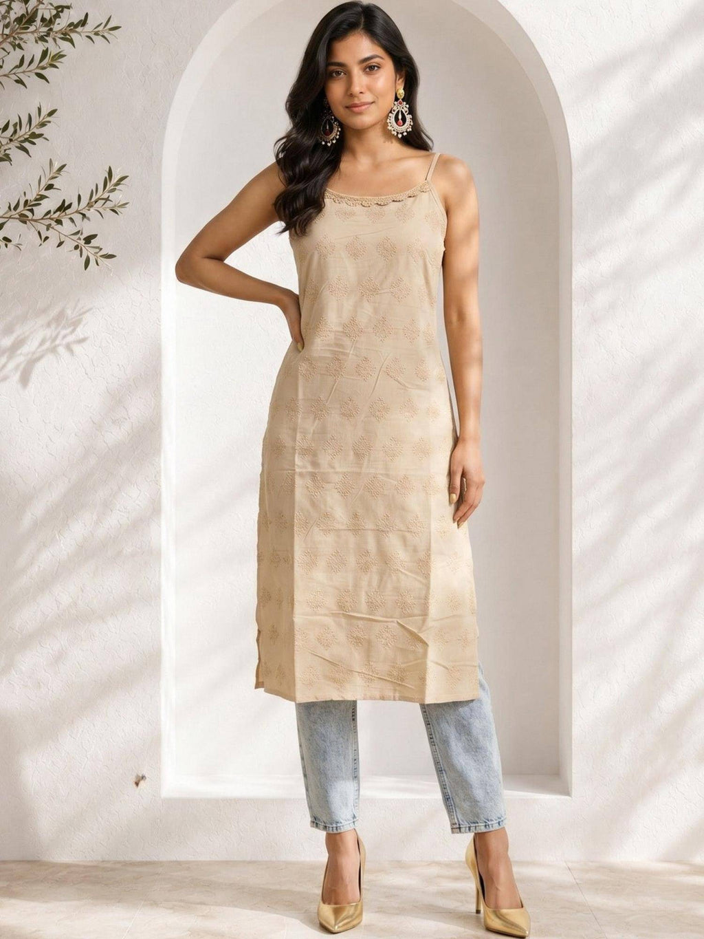 Womens Blue Pure Cotton Lace Work Round Neck Sleeveless Kurta | U3S - view 5