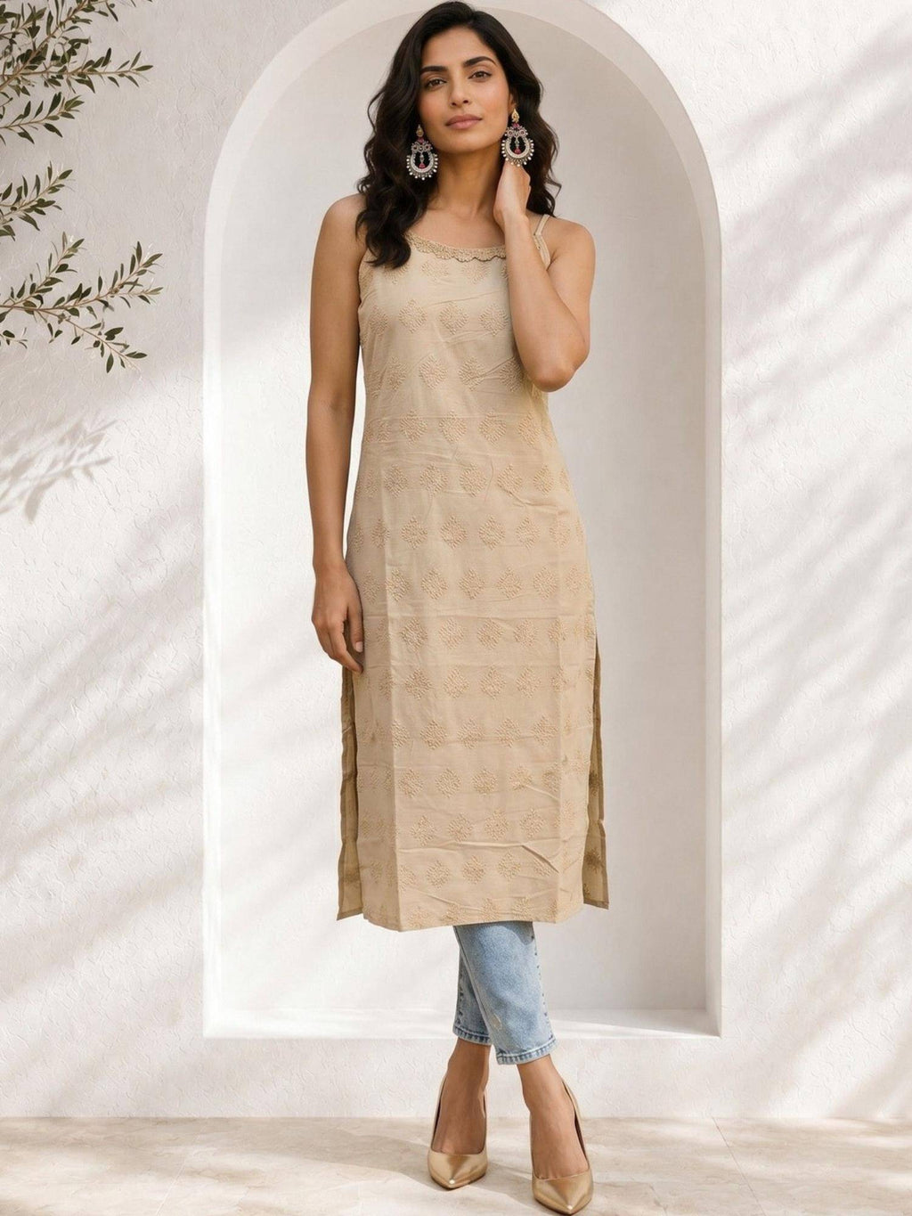 Womens Blue Pure Cotton Lace Work Round Neck Sleeveless Kurta | U3S - view 8
