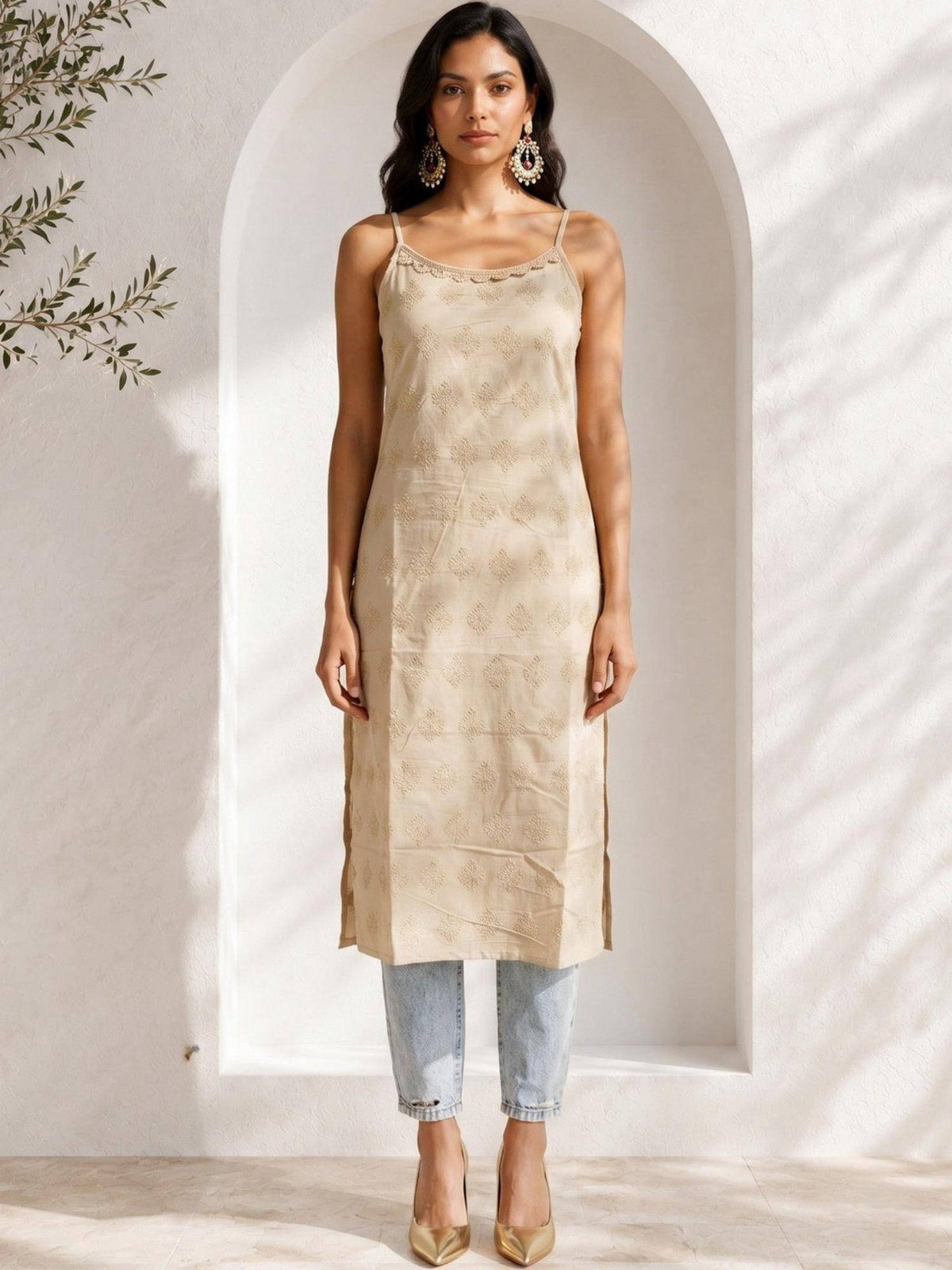 Womens Blue Pure Cotton Lace Work Round Neck Sleeveless Kurta | U3S - view 9