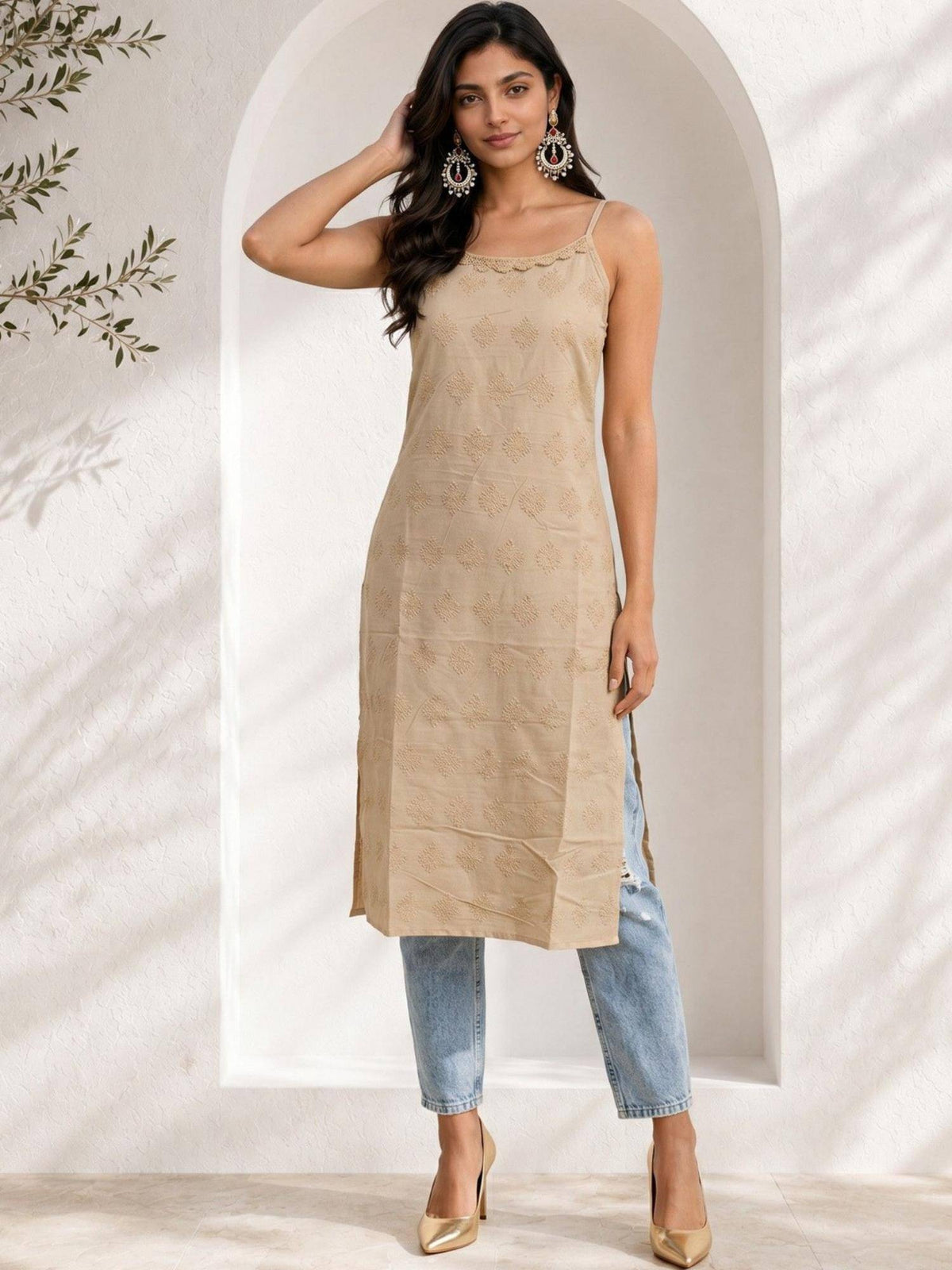 Womens Blue Pure Cotton Lace Work Round Neck Sleeveless Kurta | FY93 - view 16