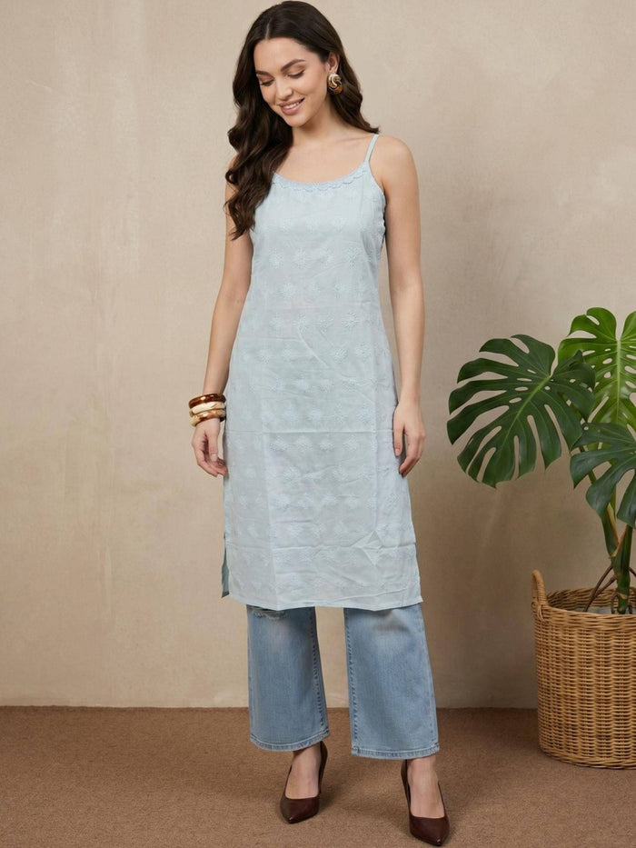 Womens Blue Pure Cotton Lace Work Round Neck Sleeveless Kurta | U3S - view 1
