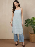 Womens Blue Pure Cotton Lace Work Round Neck Sleeveless Kurta | FY93 - view 1