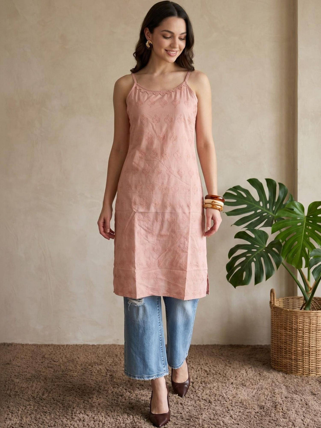 Womens Blue Pure Cotton Lace Work Round Neck Sleeveless Kurta | U3S - view 11