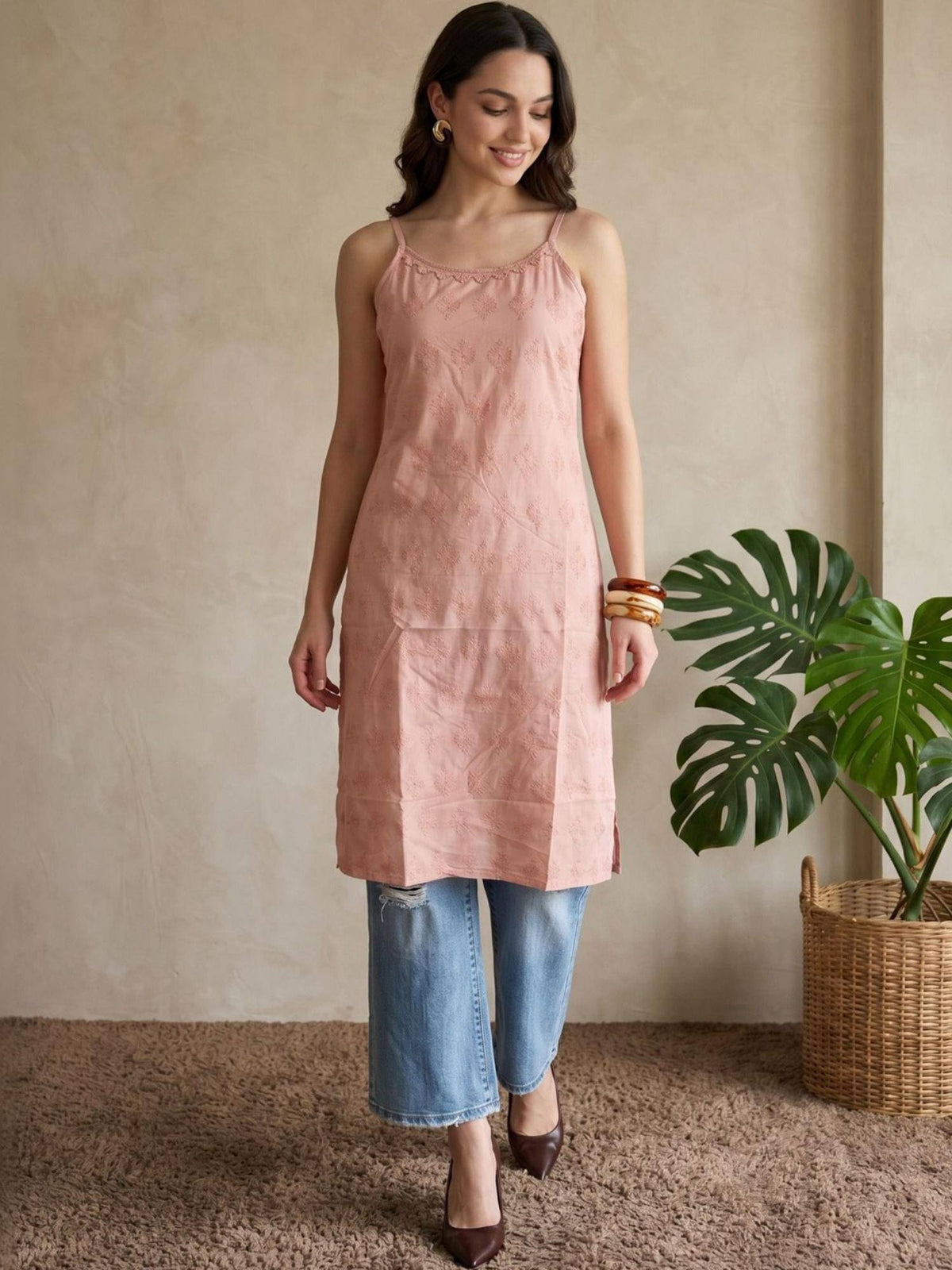 Womens Blue Pure Cotton Lace Work Round Neck Sleeveless Kurta | U3S - view 11