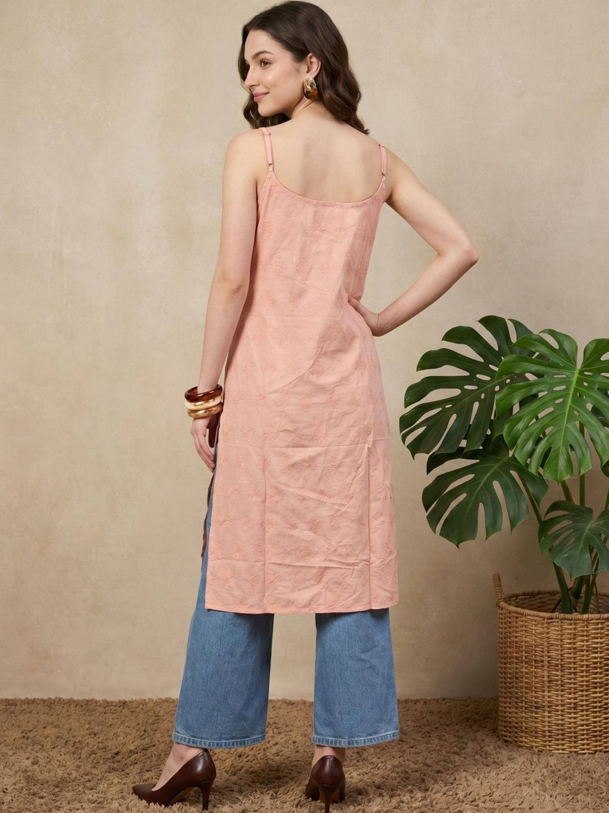 Womens Rust Pure Cotton Lace Work Round Neck Sleeveless Kurta | U3S - view 2