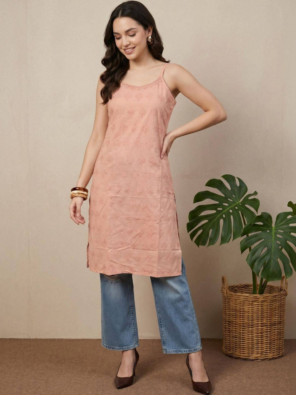 Womens Blue Pure Cotton Lace Work Round Neck Sleeveless Kurta | U3S - view 13