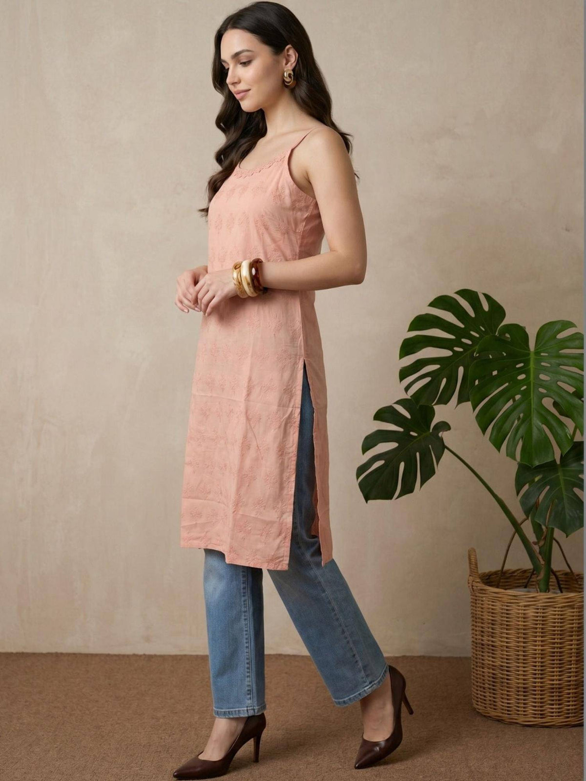 Womens Blue Pure Cotton Lace Work Round Neck Sleeveless Kurta | U3S - view 14