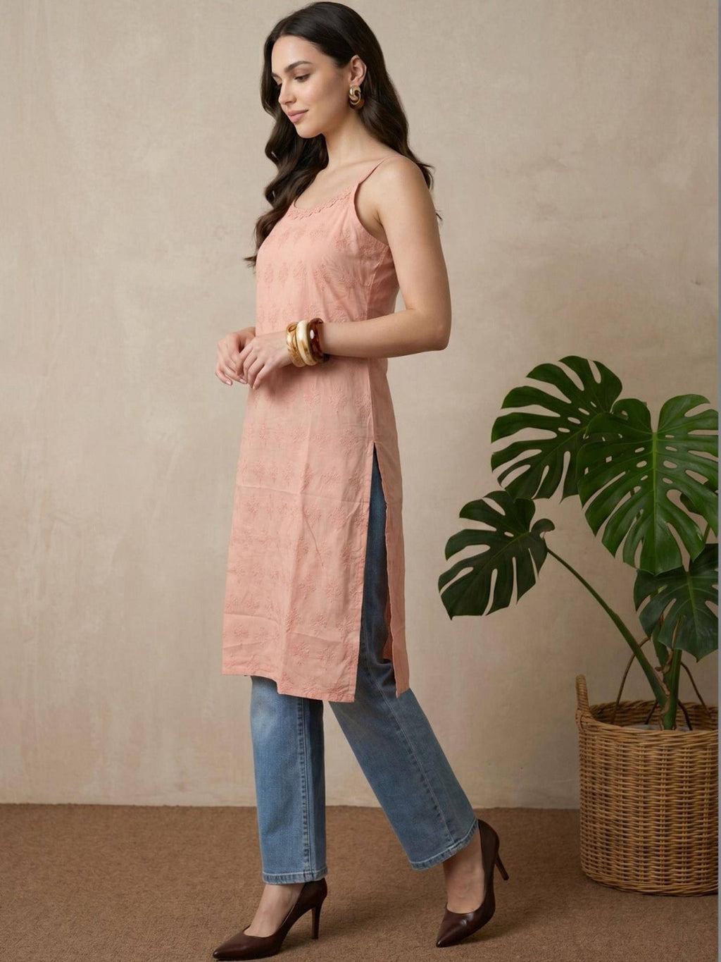 Womens Rust Pure Cotton Lace Work Round Neck Sleeveless Kurta | U3S - view 4