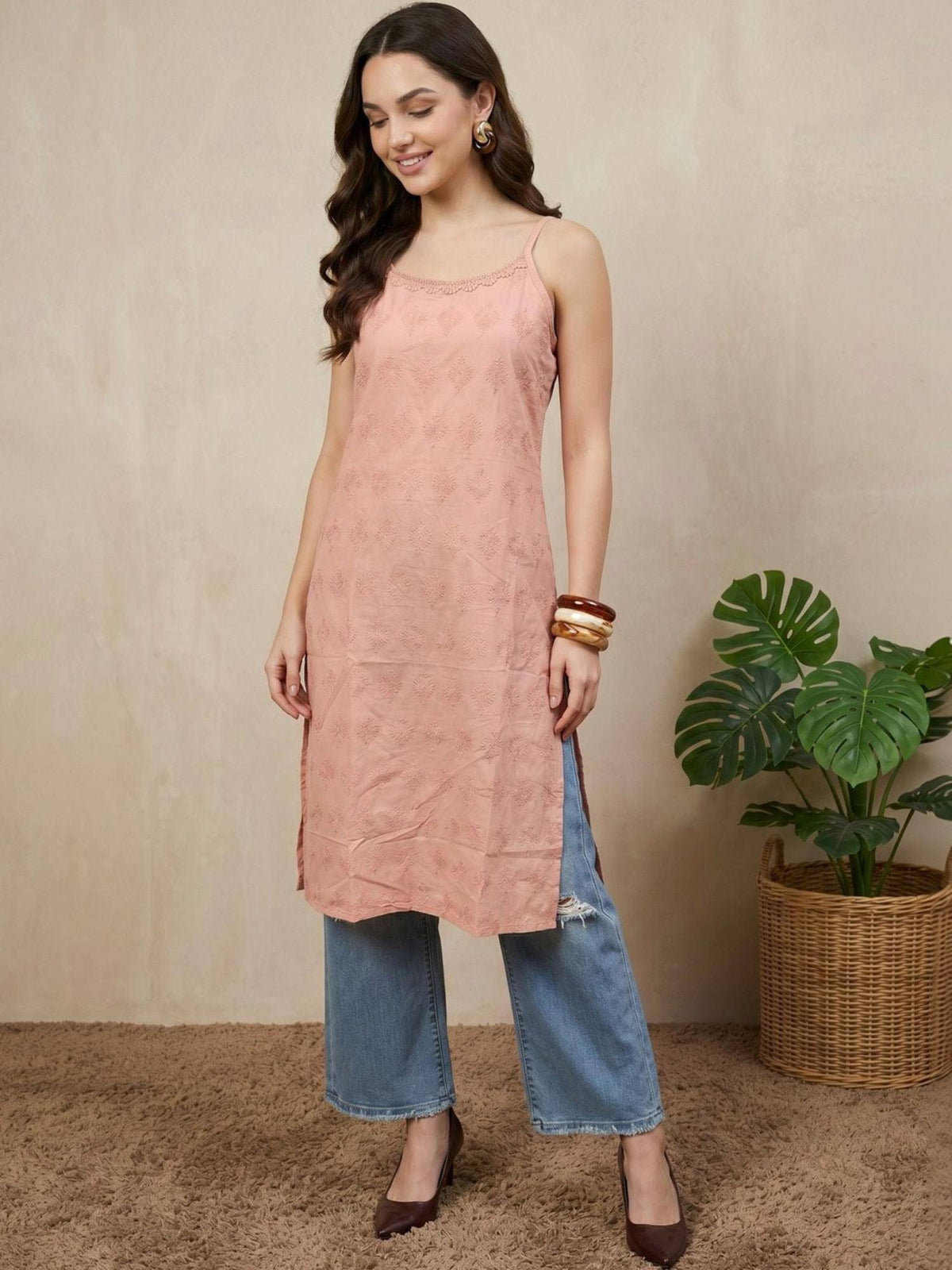Womens Blue Pure Cotton Lace Work Round Neck Sleeveless Kurta | U3S - view 15