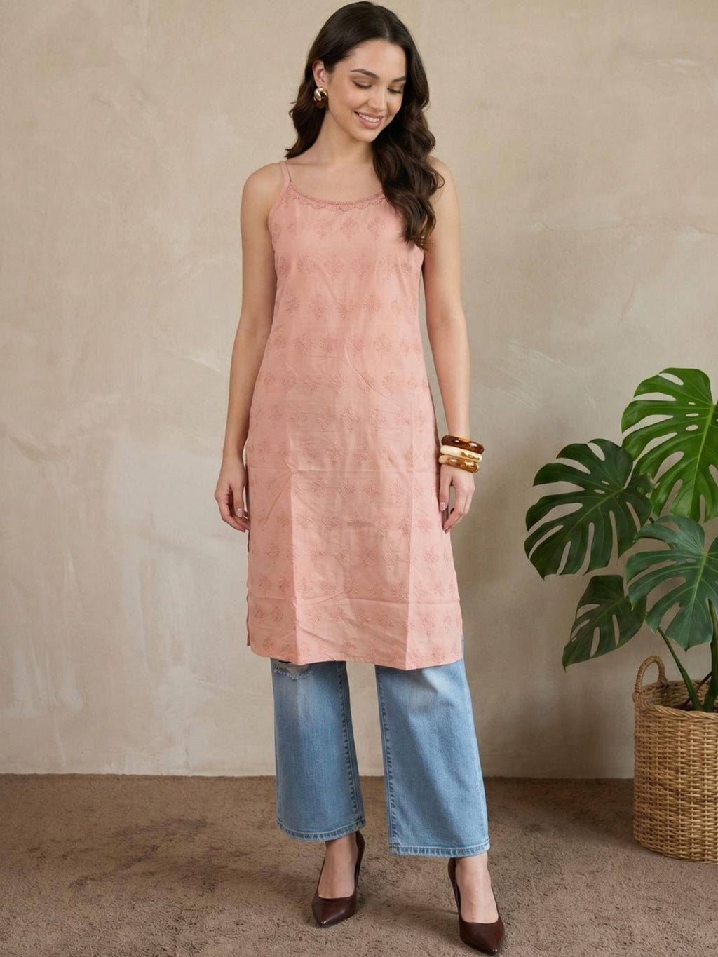 Womens Blue Pure Cotton Lace Work Round Neck Sleeveless Kurta | KDG - view 10