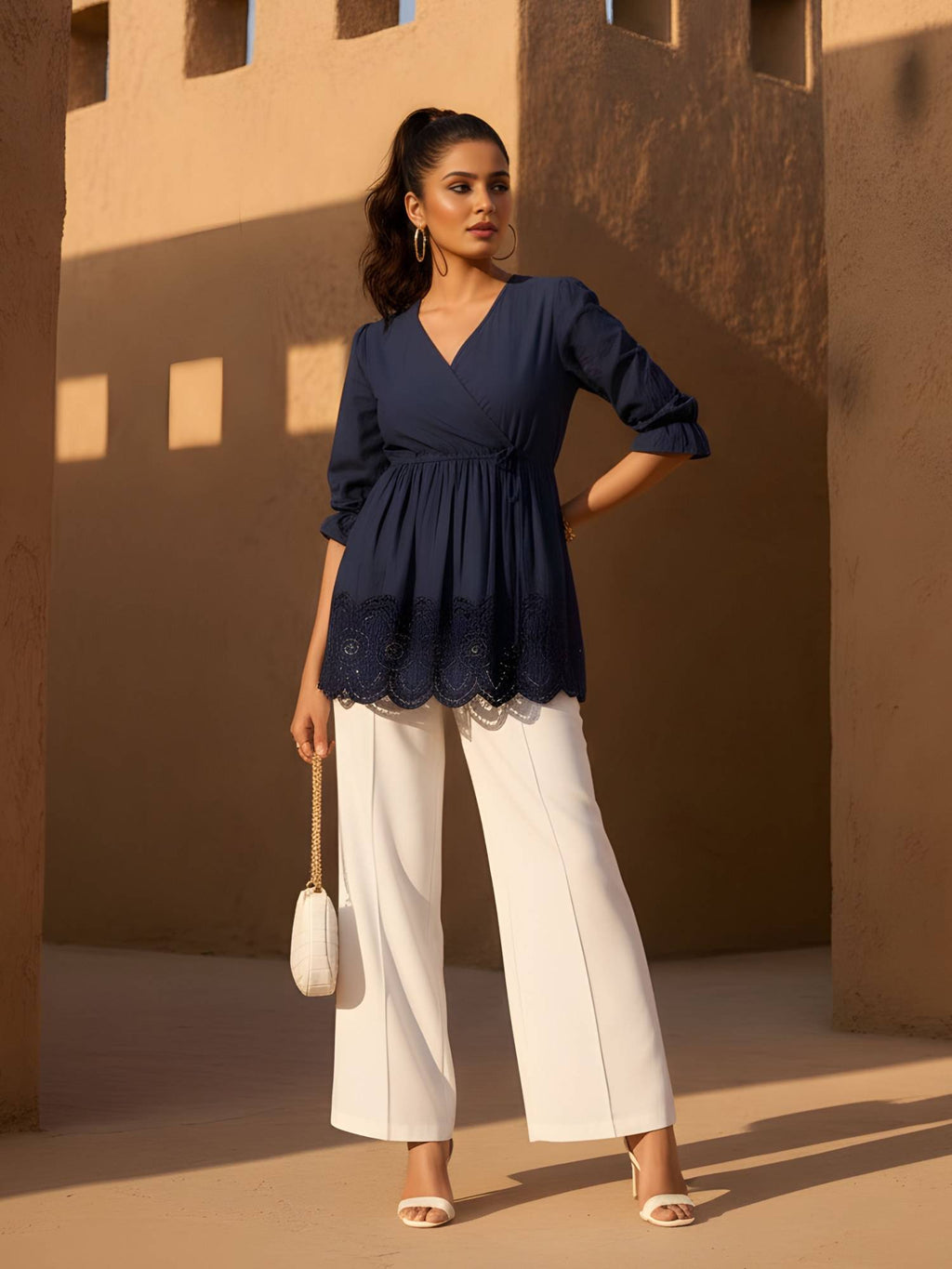 Navy Blue Cotton Embroidered Tie Up Peplum Top | pt51 - view 2
