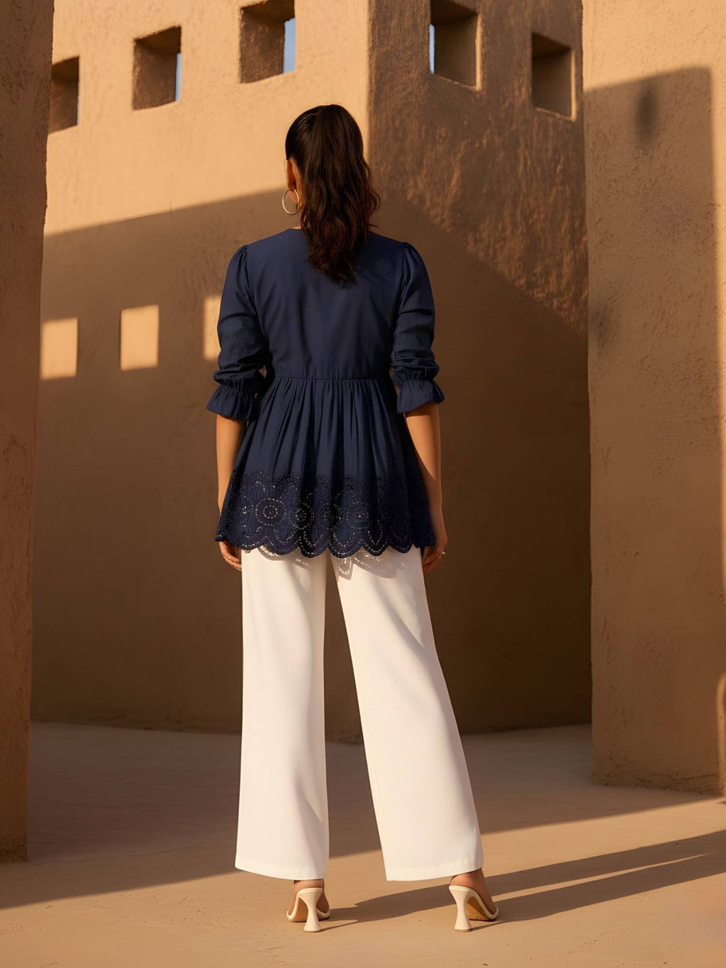 Navy Blue Cotton Embroidered Tie Up Peplum Top | pt51 - view 4