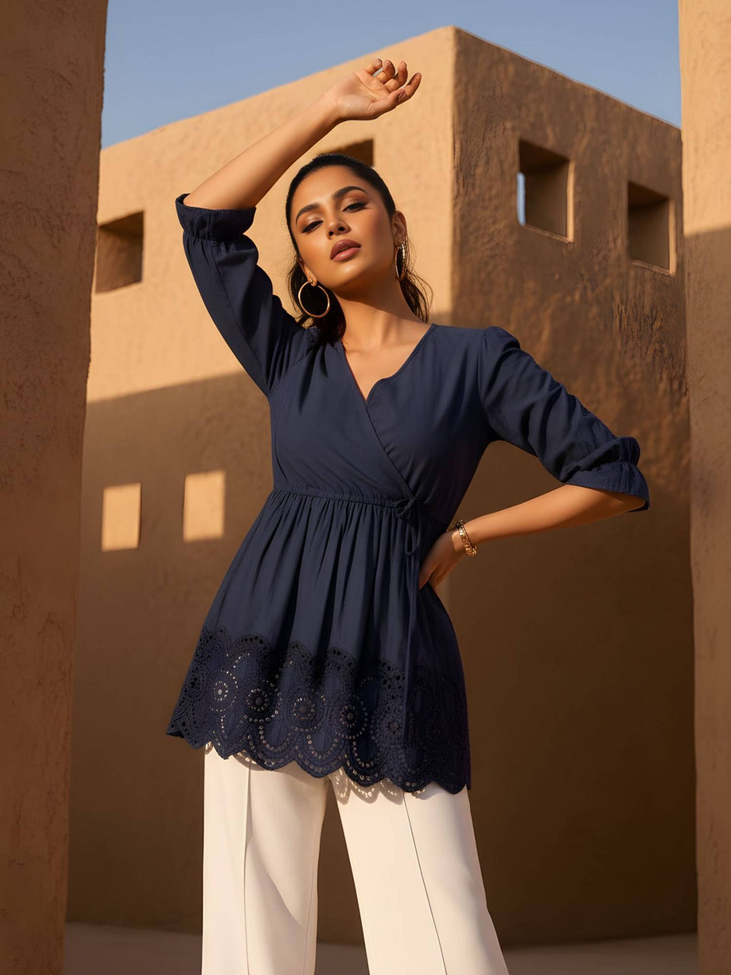 Navy Blue Cotton Embroidered Tie Up Peplum Top | pt51 - view 5