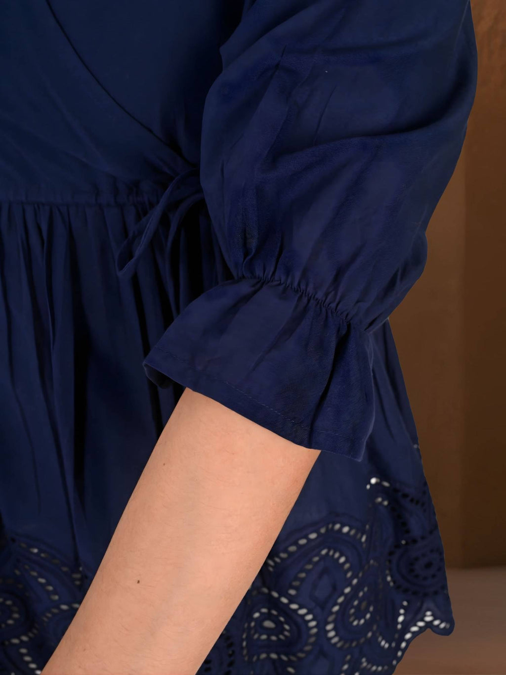 Navy Blue Cotton Embroidered Tie Up Peplum Top | pt51 - view 7