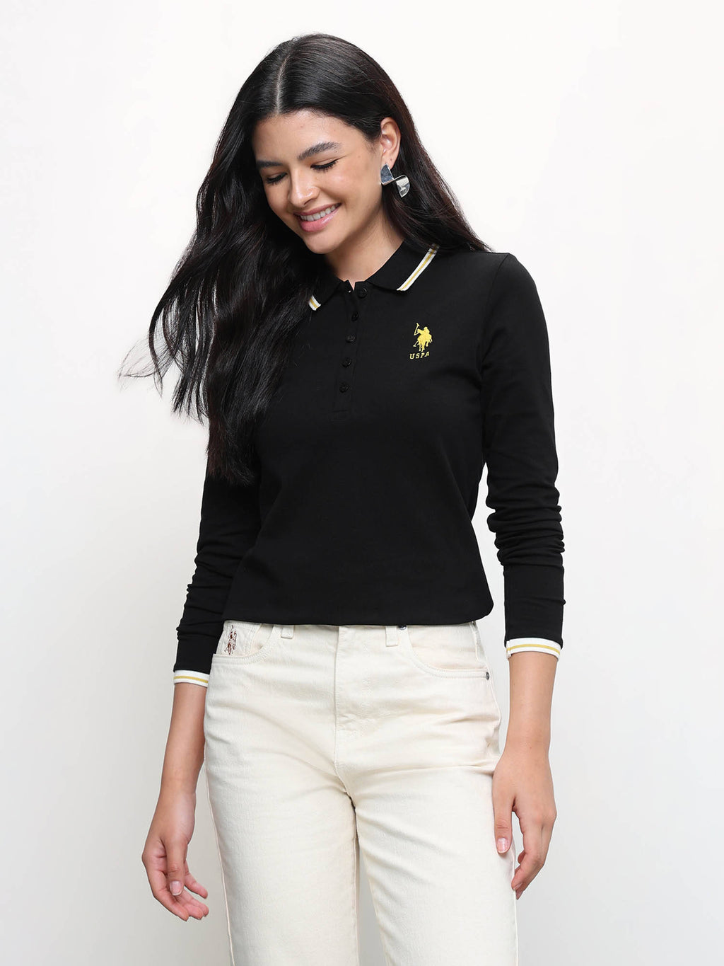 Black Women Solid Regular Fit Polo T-shirt | PW43 - view 6