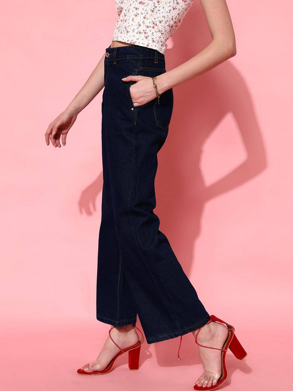 Navy Blue Solid Wide Leg Denim Jeans | ST23 - view 3