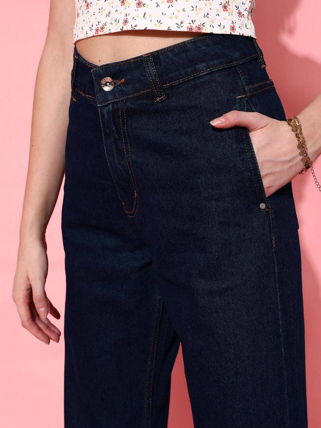 Navy Blue Solid Wide Leg Denim Jeans | ST23 - view 4