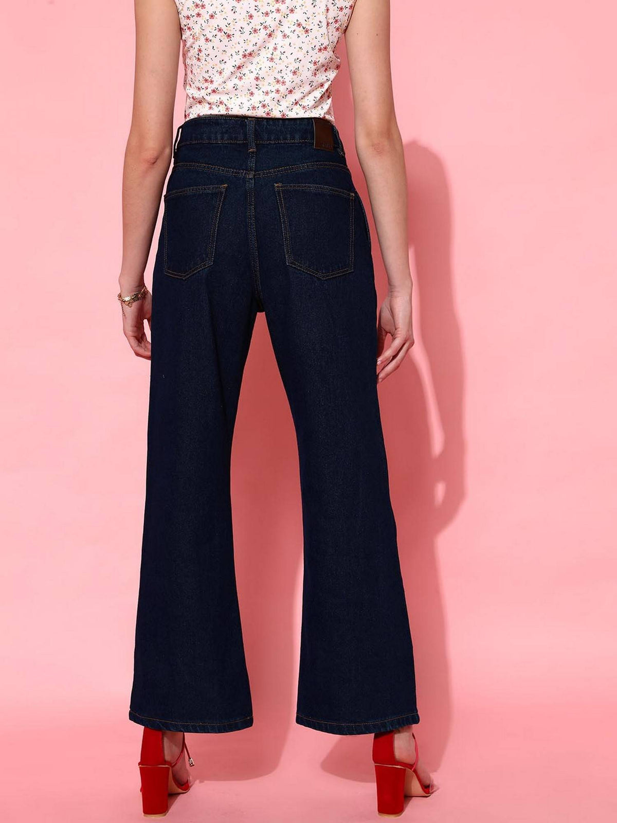 Navy Blue Solid Wide Leg Denim Jeans | ST23 - view 5