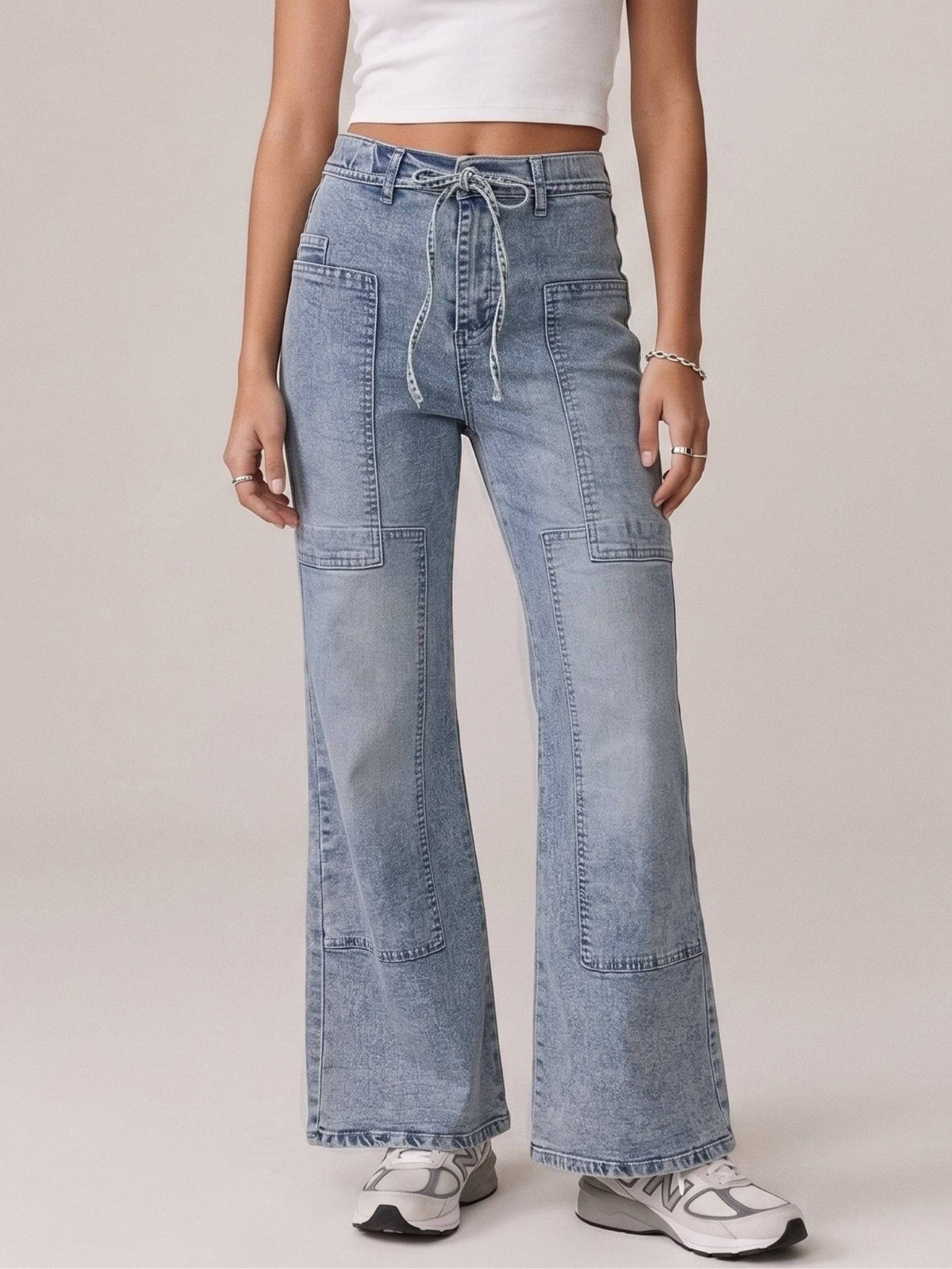 Blue Belt Tie Up Details Baggy Denim Jeans | RF89 - view 1