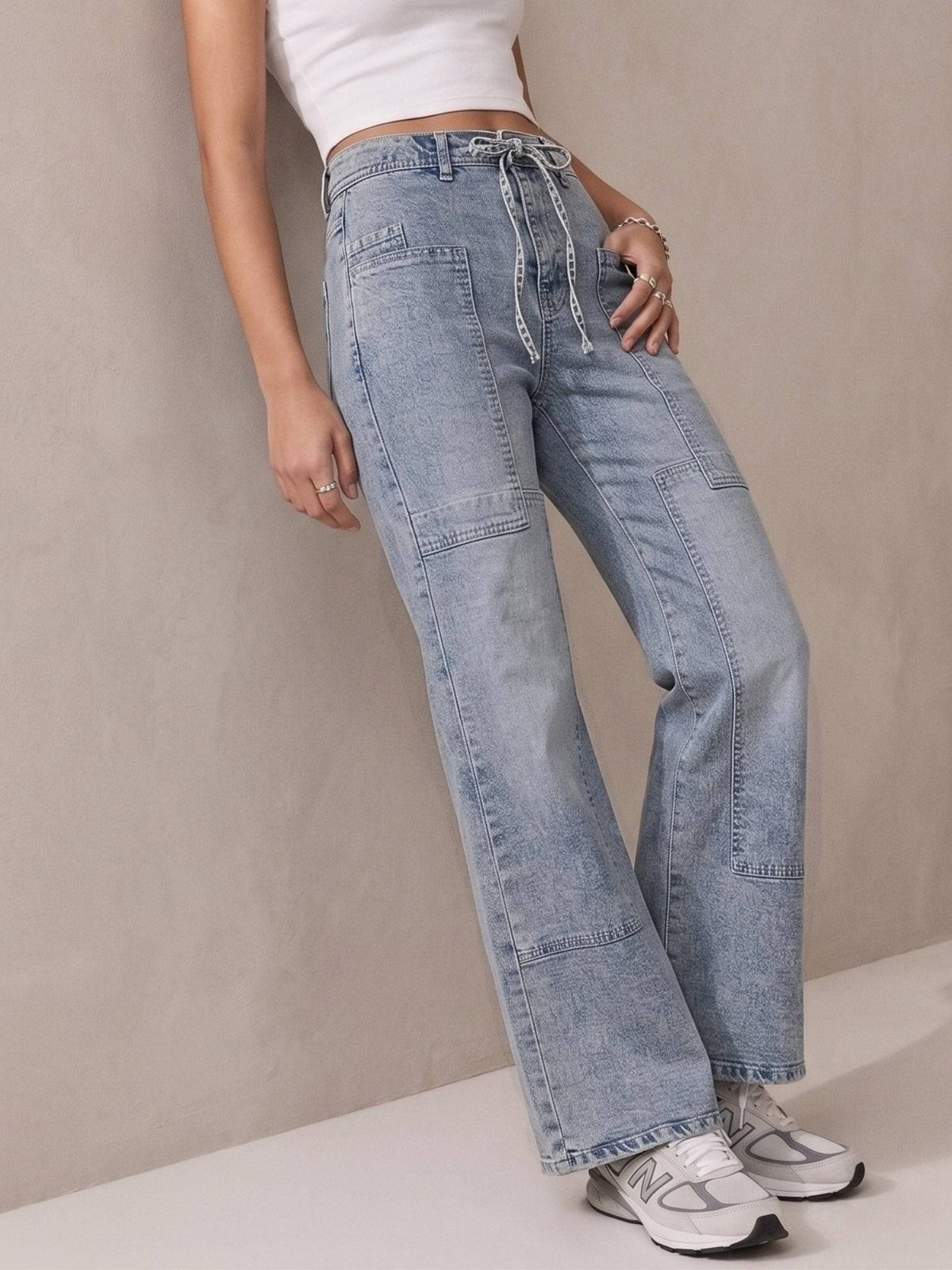 Blue Belt Tie Up Details Baggy Denim Jeans | RF89 - view 3