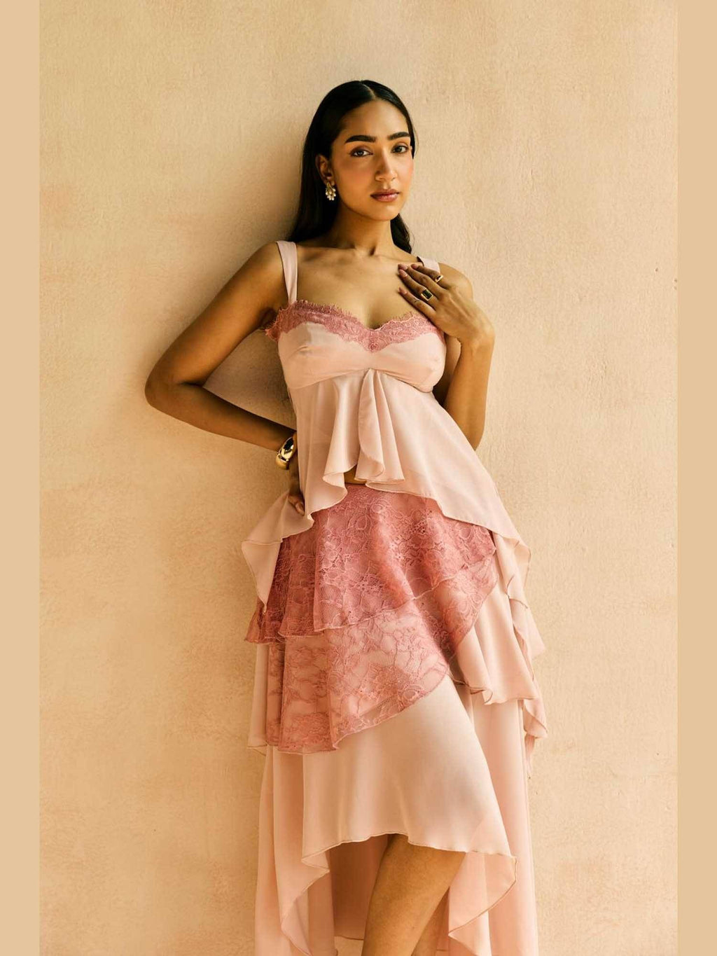 Blush Lace-Trim Asymmetric Hem Top | CT61 - view 2