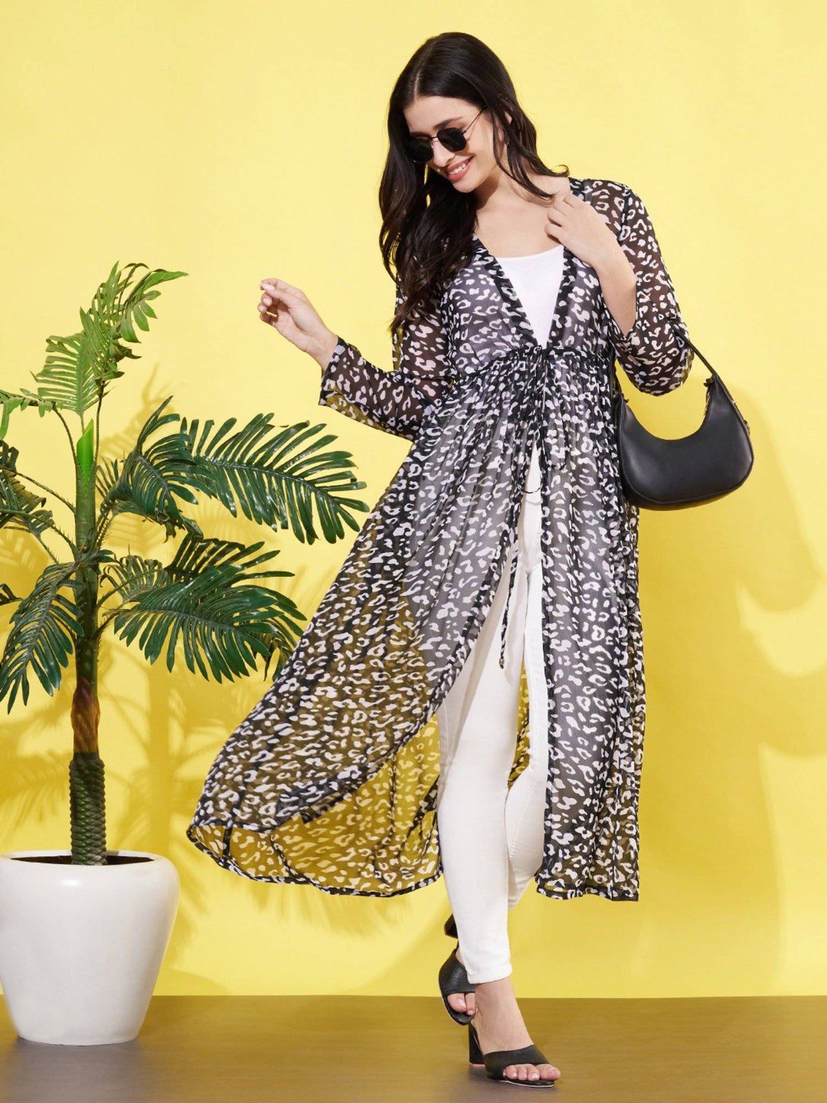 Animal Printed Brown Chiffon Longline Tie-Up Shrug | JC78 - view 20