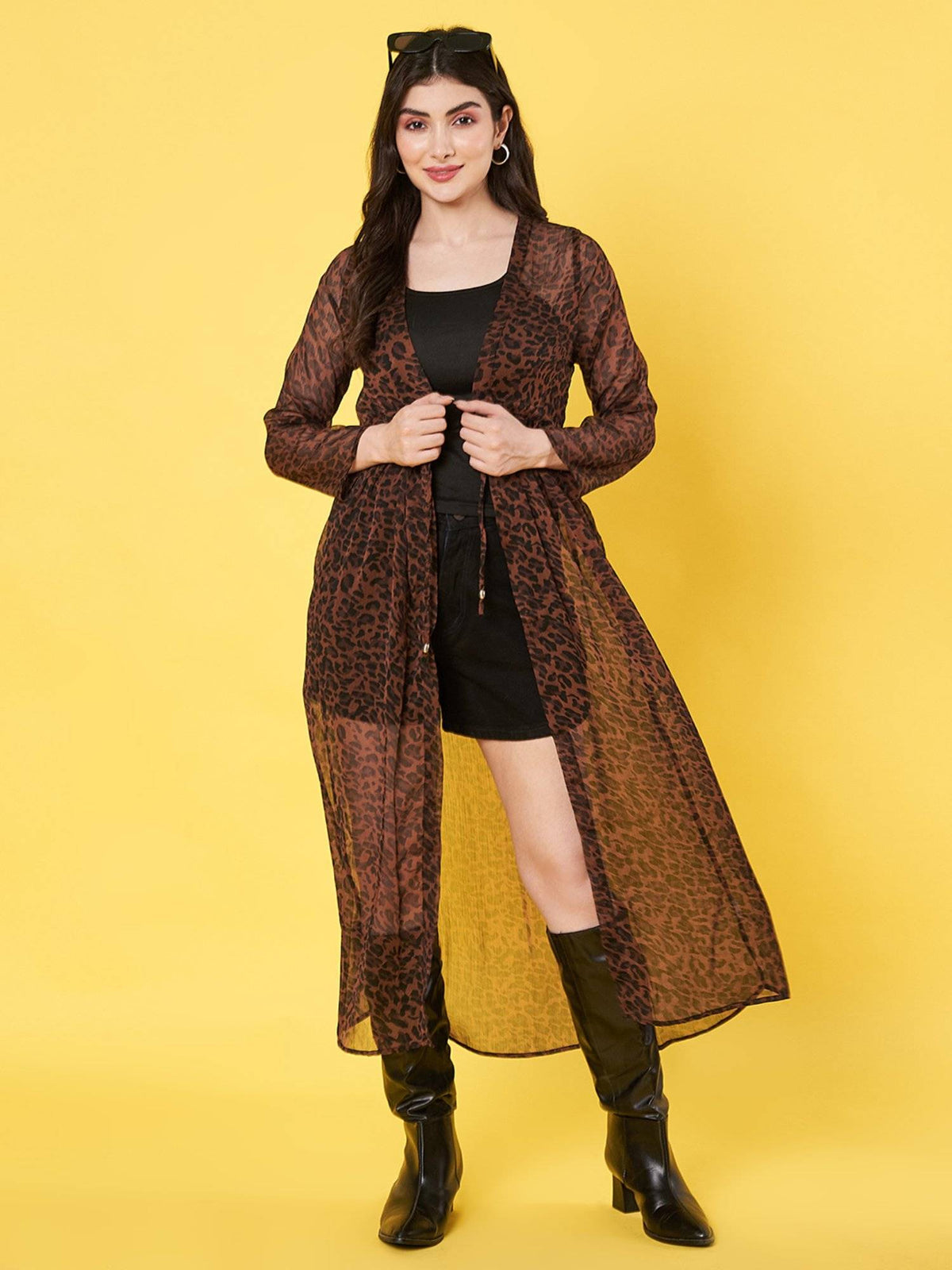 Animal Printed Brown Chiffon Longline Tie-Up Shrug | JC78 - view 1