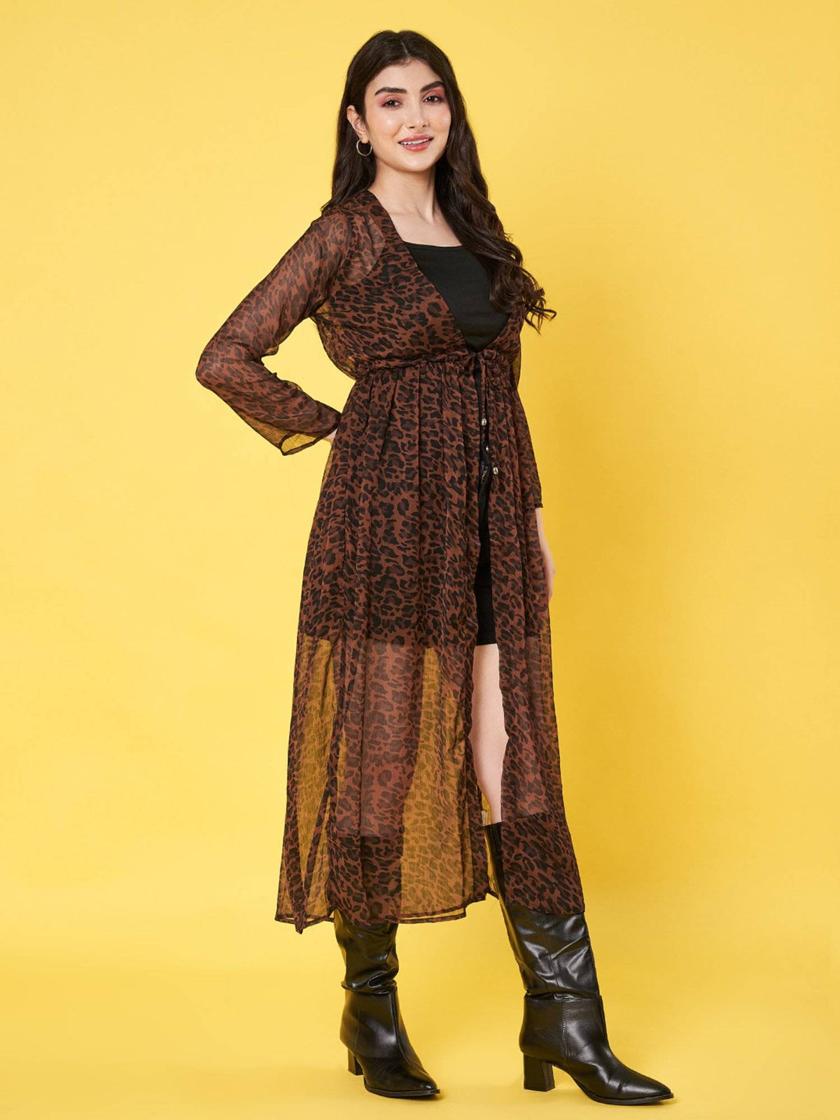Animal Printed Brown Chiffon Longline Tie-Up Shrug | JC78 - view 4